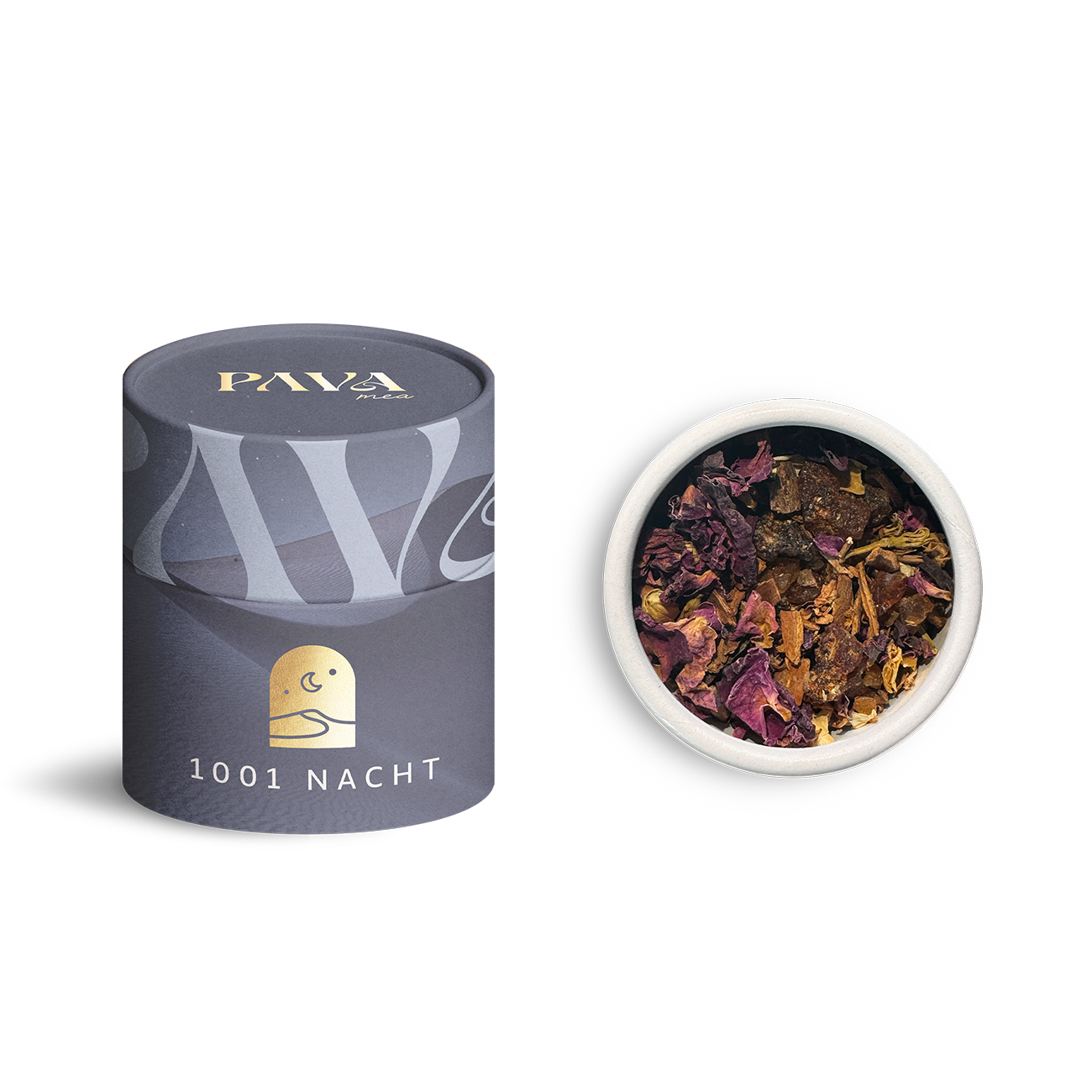 PAVA FUMA Räuchermischung ‚1001 Nacht‘ – eine geheimnisvolle und sinnliche Komposition mit Myrrhe, Harzen und ausgewählten Kräutern zur Förderung von Ruhe und innerer Balance. Links im Bild die stilvolle, zylindrische Tube mit dunklem Design und goldener Prägung, rechts die geöffnete Tube von oben, in der die aromatische Mischung sichtbar ist.
