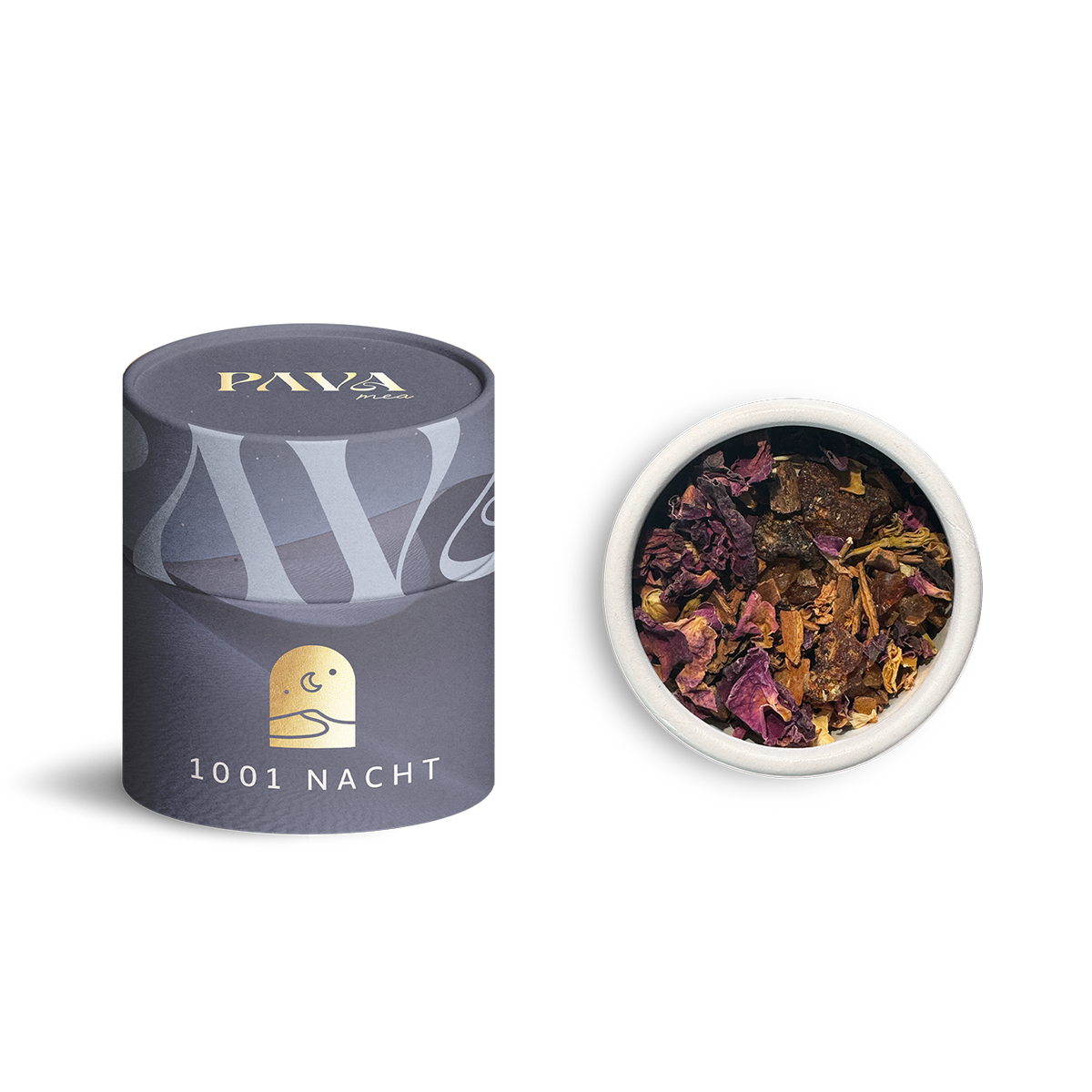 PAVA FUMA Räuchermischung ‚1001 Nacht‘ – eine geheimnisvolle und sinnliche Komposition mit Myrrhe, Harzen und ausgewählten Kräutern zur Förderung von Ruhe und innerer Balance. Links im Bild die stilvolle, zylindrische Tube mit dunklem Design und goldener Prägung, rechts die geöffnete Tube von oben, in der die aromatische Mischung sichtbar ist.