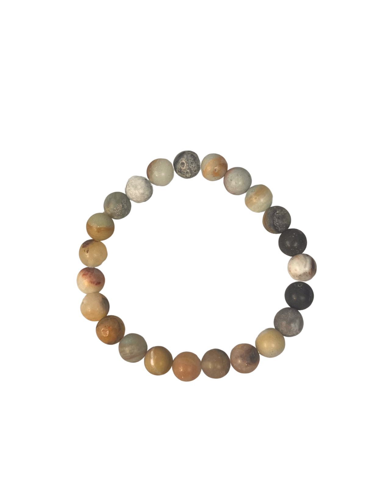 Ein elastisches Armband aus mattem Amazonit, bestehend aus gleichmäßig runden Edelsteinperlen in natürlichen Tönen von Hellgrün, Beige, Grau, Braun und sanften Blau-Nuancen. Das Armband ist freigestellt auf hellem Hintergrund dargestellt und wirkt erdend, beruhigend und vielseitig kombinierbar – ideal für Alltagsrituale oder als stilvolles Accessoire mit Bedeutung.