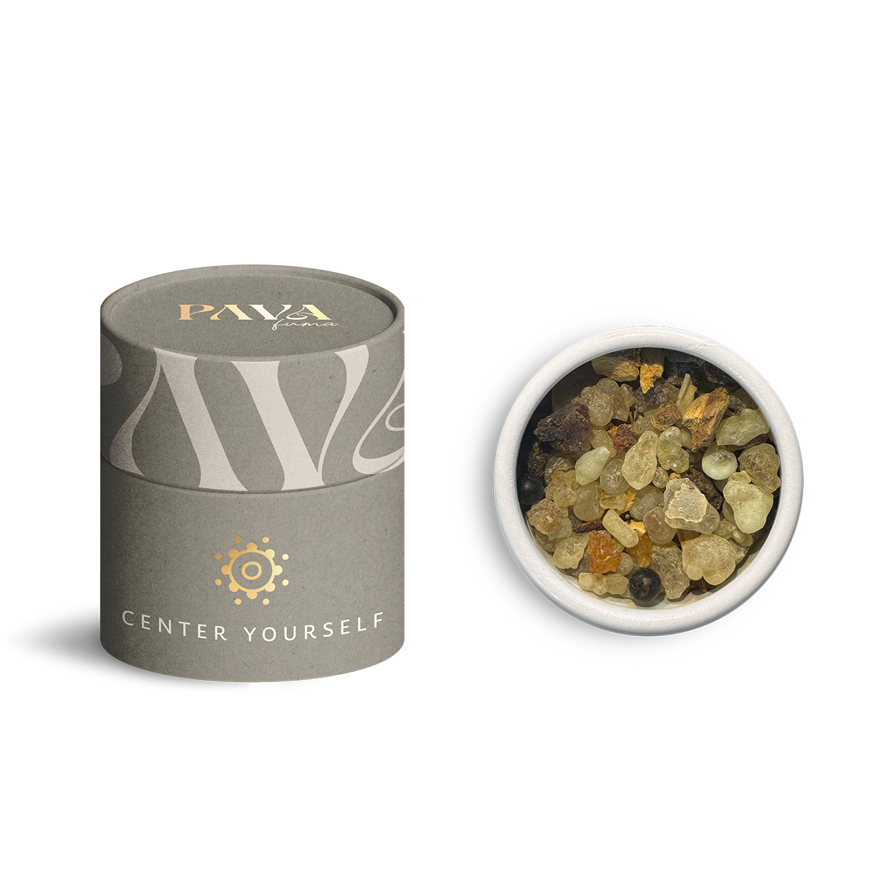 PAVA FUMA Räuchermischung ‚Center Yourself‘ – stilvolle Produktverpackung in Form einer Tube sowie geöffnete Tube mit sichtbarer Mischung aus naturbelassenem Weihrauchharz, Kräutern und Gewürzen – ideal für Meditation, Achtsamkeit und innere Balance.