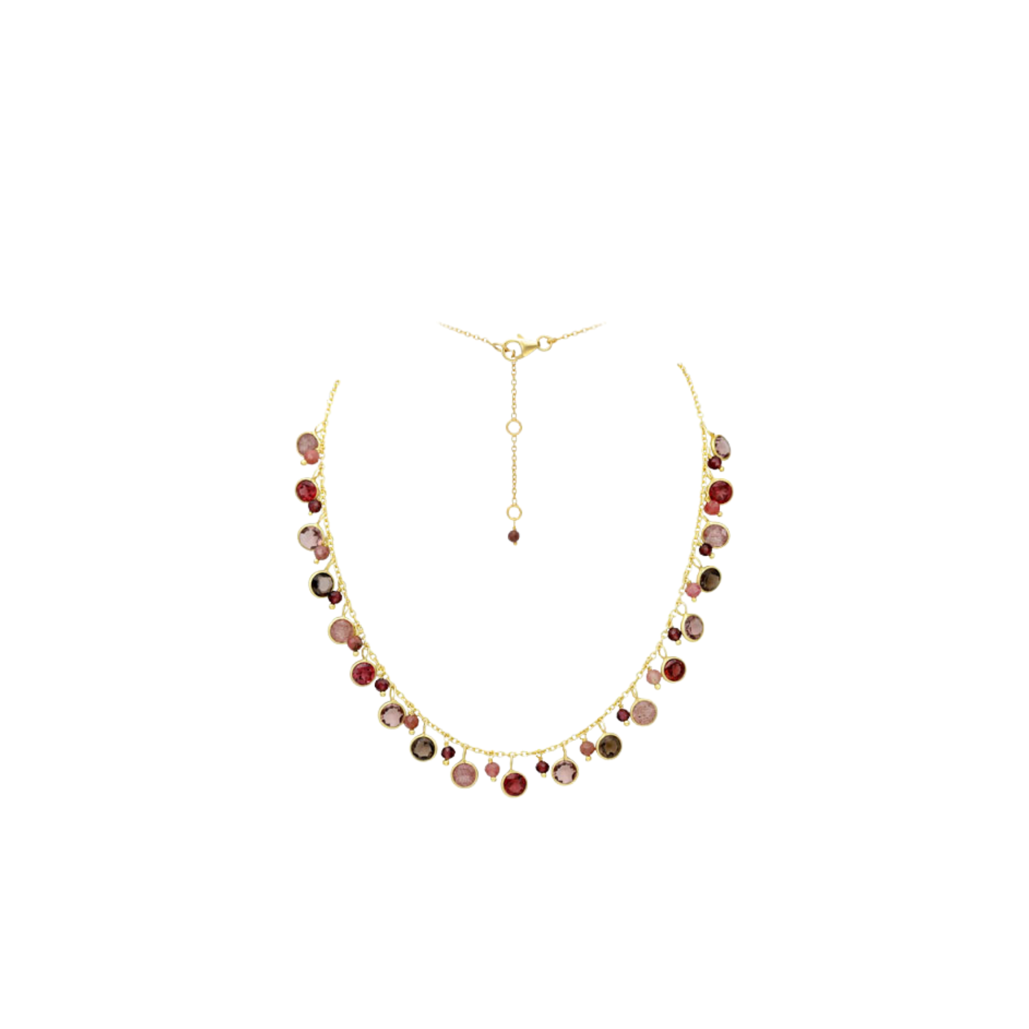 Edelstein-Collier Granat, Rhodonit, Rauchquarz & Erdbeerquarz vergoldet