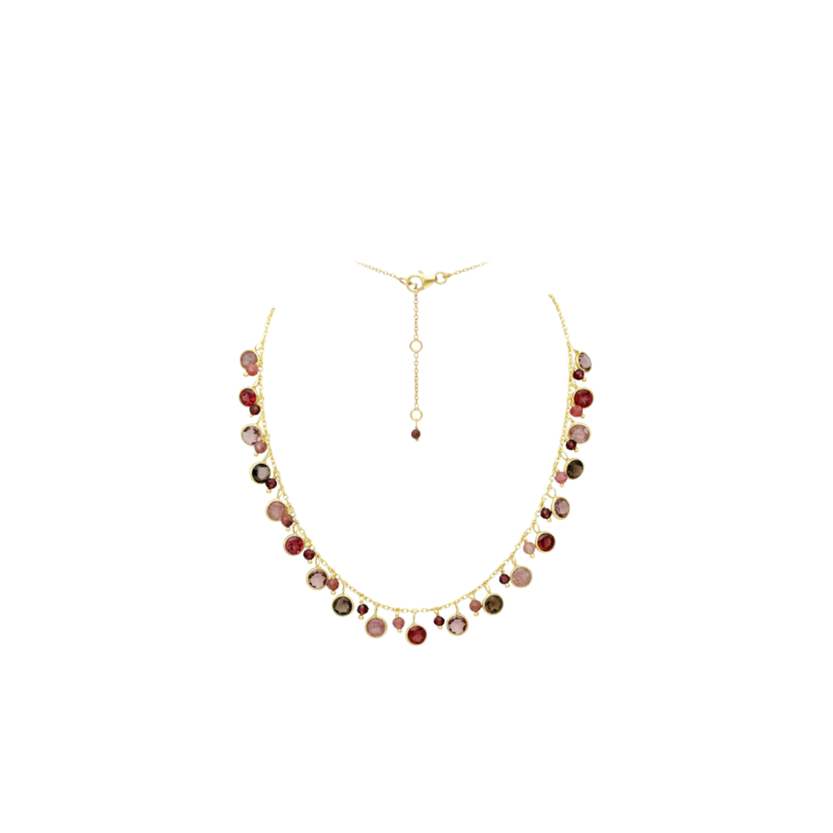 Edelstein-Collier Granat, Rhodonit, Rauchquarz & Erdbeerquarz vergoldet