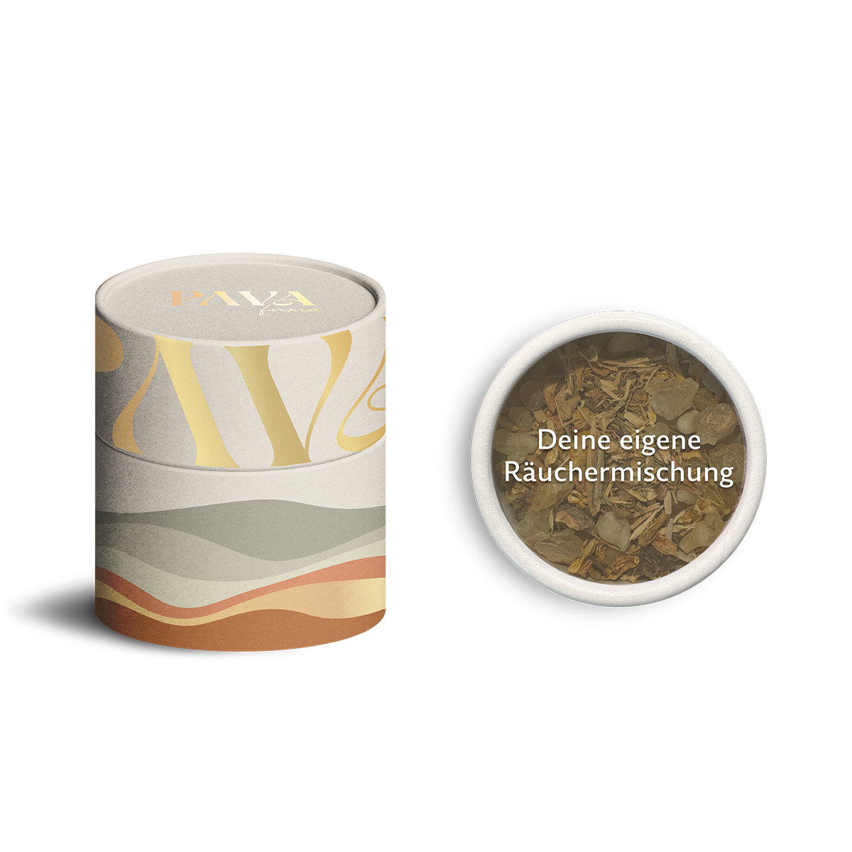 Personalisierbare Räuchermischung von PAVAFUMA in einer stilvollen Design-Tube mit abstraktem Naturmotiv. Daneben eine geöffnete Tube mit individueller Mischung aus Harzen und Kräutern, beschriftet mit „Deine eigene Räuchermischung“. Ideal für kreative Rituale, persönliche Duftkompositionen und spirituelle Achtsamkeit. Natürlich, hochwertig und individuell.