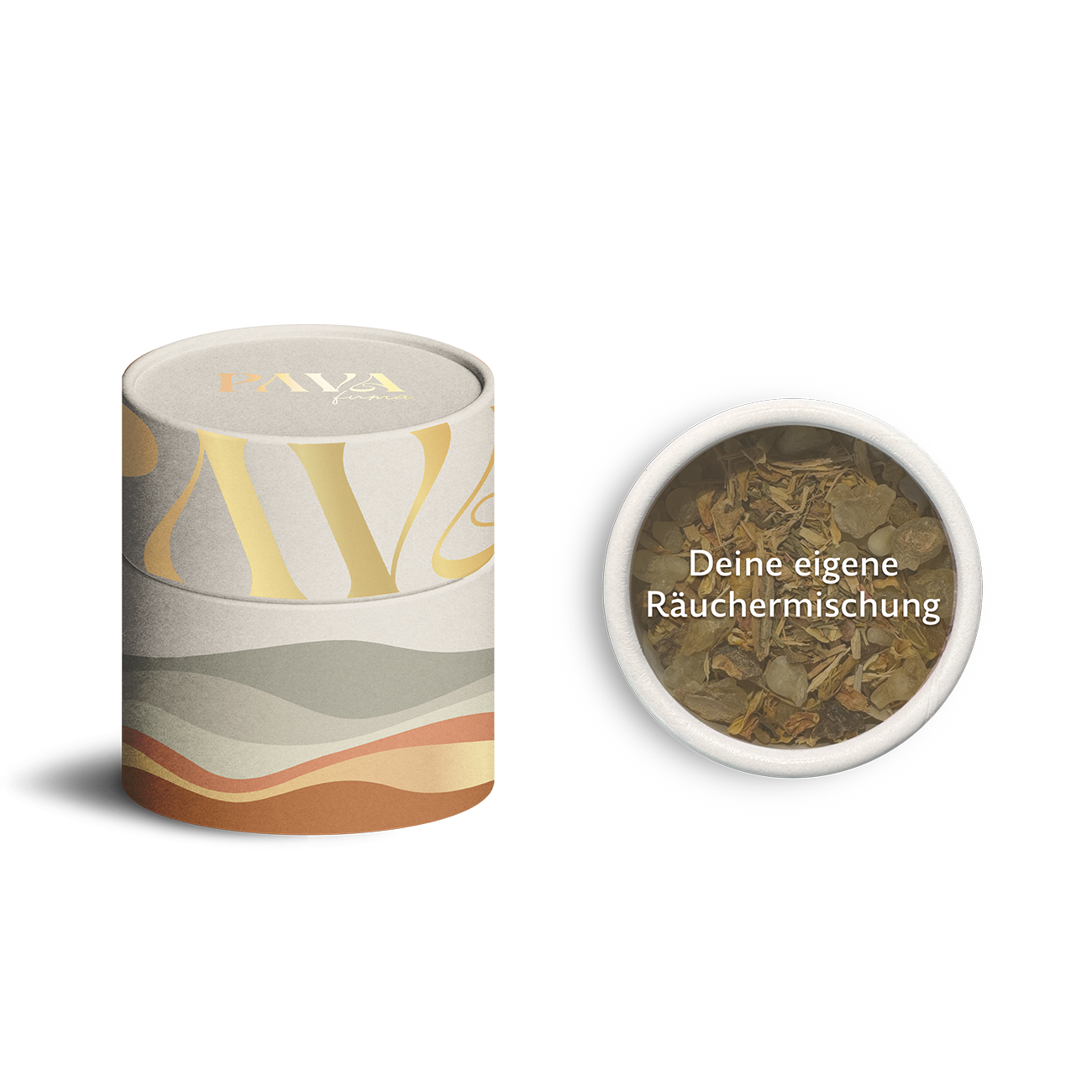 Personalisierbare Räuchermischung von PAVAFUMA in einer stilvollen Design-Tube mit abstraktem Naturmotiv. Daneben eine geöffnete Tube mit individueller Mischung aus Harzen und Kräutern, beschriftet mit „Deine eigene Räuchermischung“. Ideal für kreative Rituale, persönliche Duftkompositionen und spirituelle Achtsamkeit. Natürlich, hochwertig und individuell.