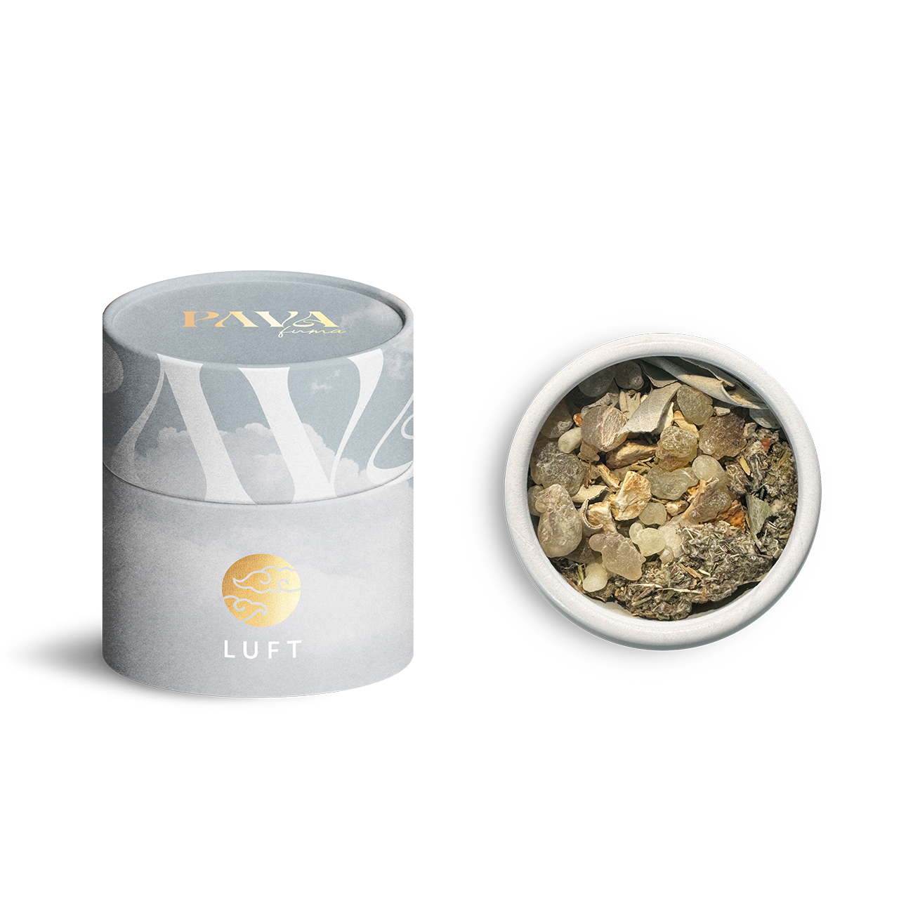 PAVA FUMA Räuchermischung ‚Element Luft‘ – stilvolle Tube mit goldenem Luftsymbol sowie geöffnete Ansicht der naturreinen Mischung aus Weihrauch, Kräutern und Blüten – ideal für energetische Reinigung, Klarheit und belebende Räucherrituale.