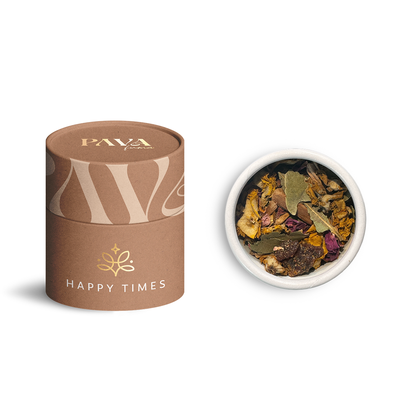 Happy Times Räuchermischung von PAVAFUMA: stimmungsaufhellende Mischung aus Blüten, Kräutern und sonnigen Zitrusnoten – ideal für gute Laune und entspannte Momente. Links im Bild die hochwertige, zylindrische Karton-Tube mit goldener Illustration, rechts die geöffnete Tube von oben mit der farbenfrohen Mischung aus getrockneten Blütenblättern, Blättern und Harzen.