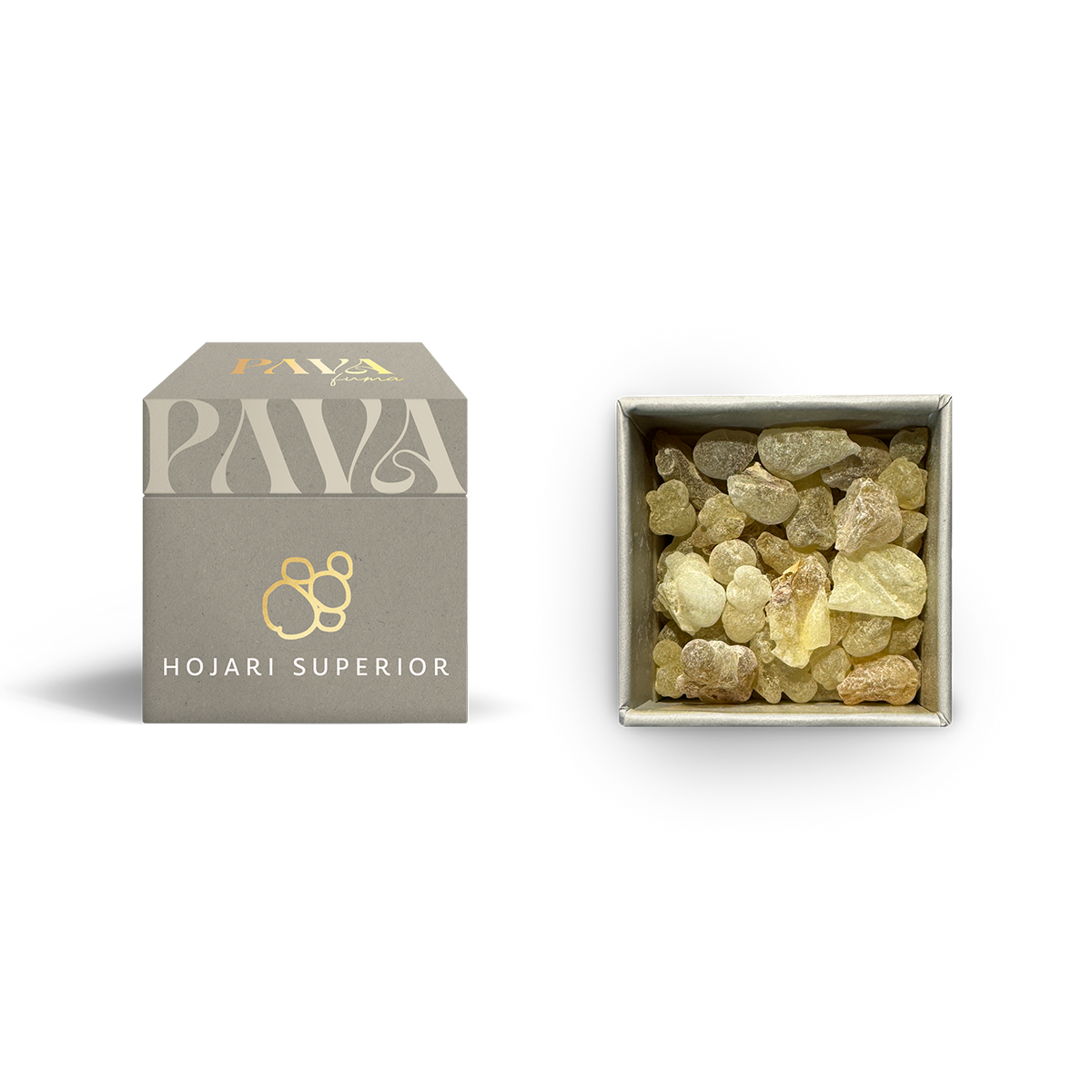 Der Weihrauch „Hojari Superior“ von PAVAFUMA – links die hochwertige, graue Duft-Tube mit goldgeprägtem Logo, rechts daneben der Blick von oben in die geöffnete Verpackung mit den goldgelben bis bernsteinfarbenen Harzstücken des edlen Hojari-Weihrauchs aus dem Oman.
