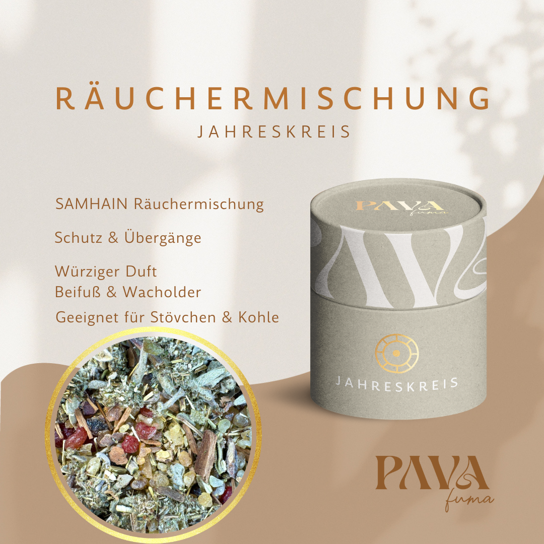 Räuchermischung Samhain Jahreskreisfest abgebildet mit den wichtigsten Schlagwörter Schutz und Übergang sowie den wichtigsten Räucherpflanzen wie Beifuß und Wacholder aber es ist auch ganz klar Drachenblut zu entdecken