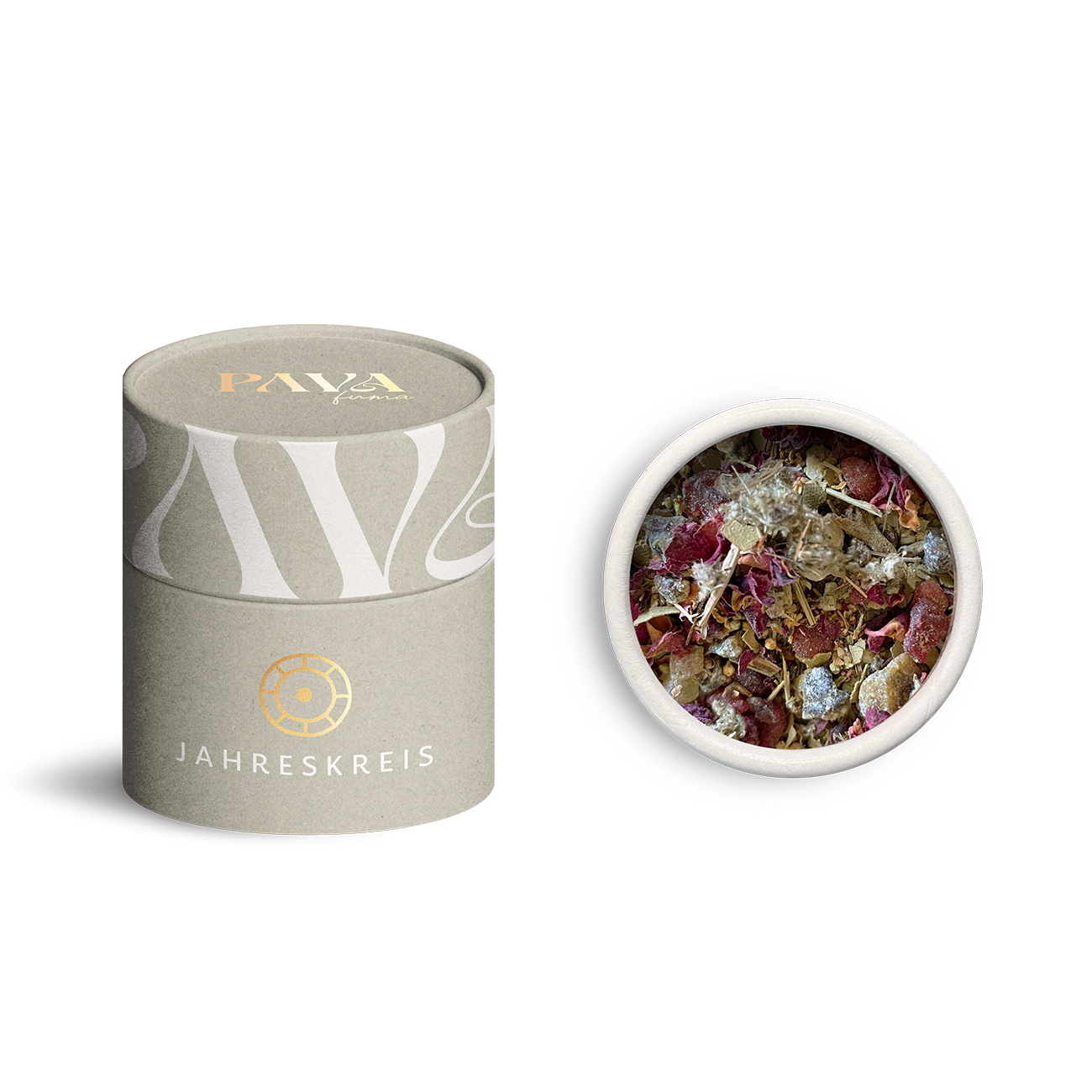 Jahreskreis Räuchermischung Litha von PAVA FUMA – stilvolle, naturfarbene Tube mit goldener Jahreskreis-Prägung. Daneben die geöffnete Tube von oben: zu sehen ist eine lebendige Mischung aus Rosenblüten, Harzen und sonnigen Kräutern – inspiriert von der Sommersonnenwende und der Fülle des Lichts.