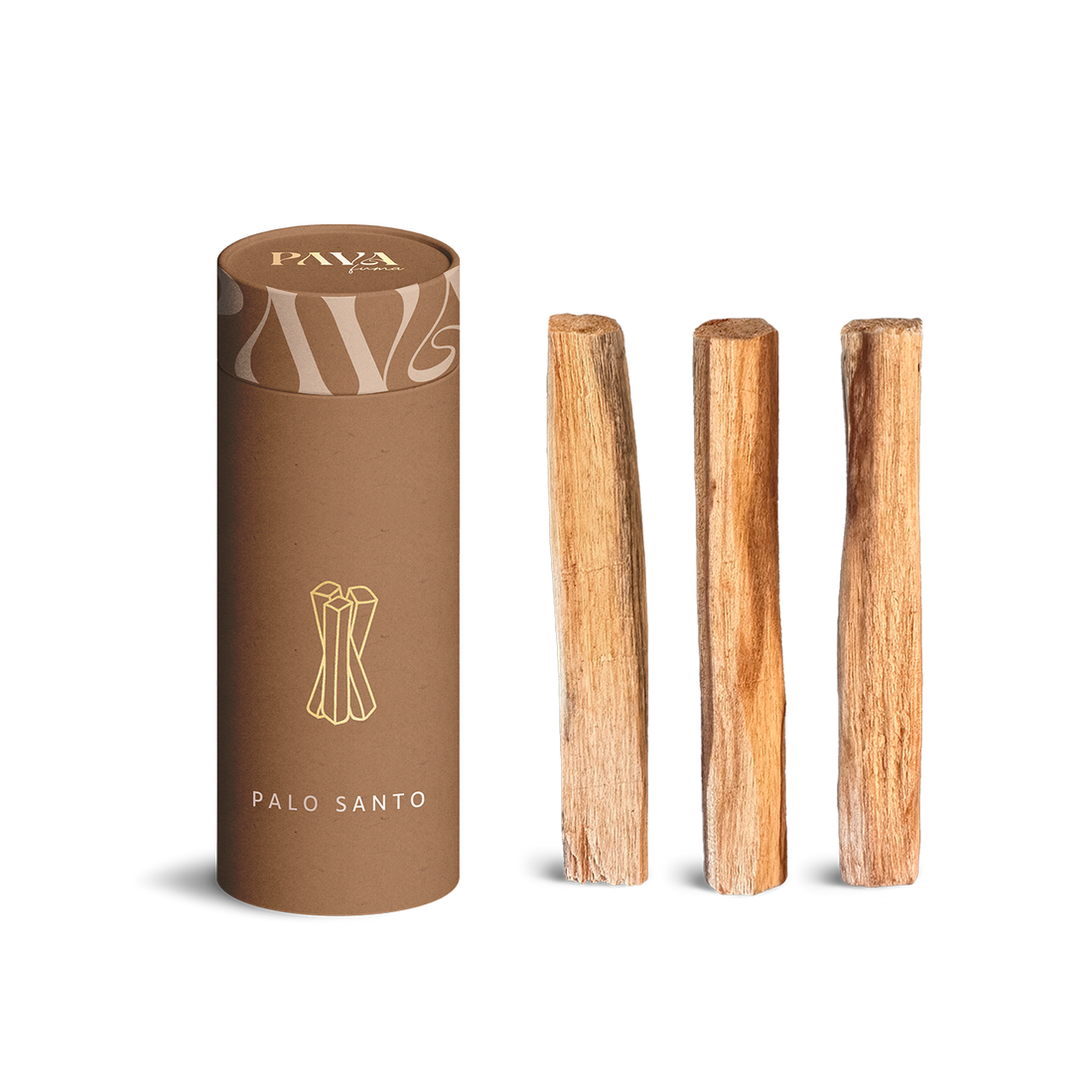 Palo Santo von PAVAFUMA – links eine schlanke, braune Papp-Tube mit stilisiertem goldenen Holzsymbol und dem Schriftzug „PALO SANTO“, rechts daneben drei naturbelassene Palo Santo Hölzer in aufrechter Position. Das heilige Holz aus nachhaltiger Herkunft verströmt beim Verräuchern einen warmen, süßlich-holzigen Duft und wird traditionell zur energetischen Reinigung und spirituellen Erdung verwendet.