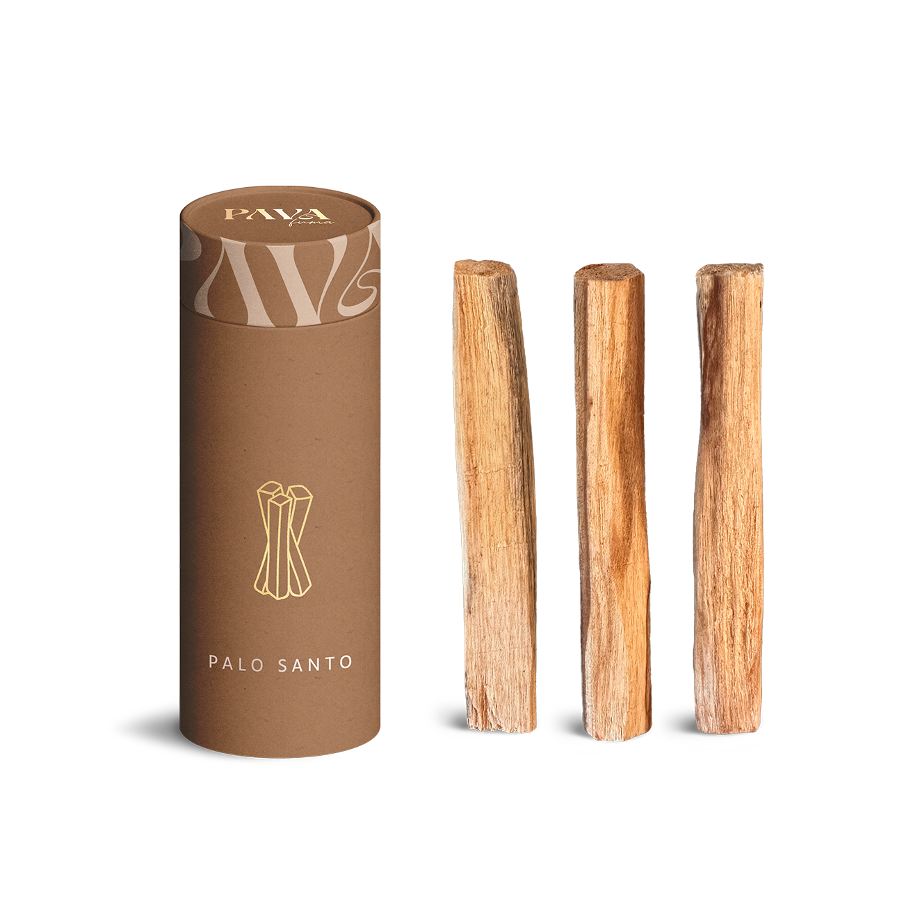 Palo Santo von PAVAFUMA – links eine schlanke, braune Papp-Tube mit stilisiertem goldenen Holzsymbol und dem Schriftzug „PALO SANTO“, rechts daneben drei naturbelassene Palo Santo Hölzer in aufrechter Position. Das heilige Holz aus nachhaltiger Herkunft verströmt beim Verräuchern einen warmen, süßlich-holzigen Duft und wird traditionell zur energetischen Reinigung und spirituellen Erdung verwendet.