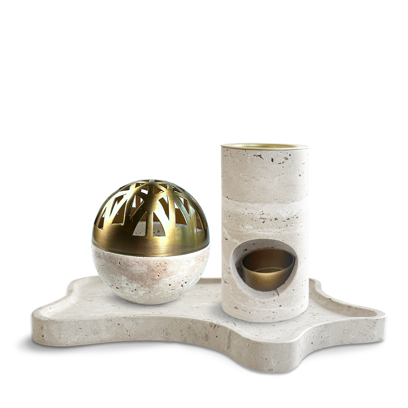 Design-Set aus naturbelassenem Travertinstein mit goldfarbenen Akzenten – bestehend aus einer dekorativen Räucherkugel und einer hochwertigen Aromalampe. Perfekt für stilvolle Duft- und Räucherrituale im modernen Wohnambiente.