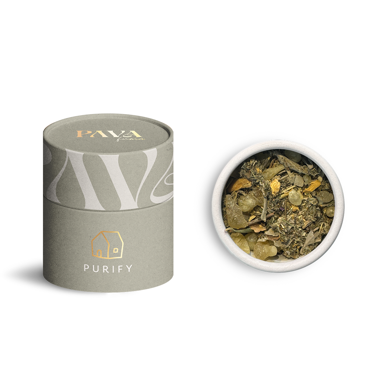 PAVA FUMA Räuchermischung ‚Purify‘ – elegante graue Tube mit goldfarbenem Haus-Symbol, daneben eine geöffnete Schale mit naturbelassener Mischung aus Harzen, Kräutern und Blüten – ideal zur energetischen Hausreinigung, Raumklärung und für reinigende Rituale.
