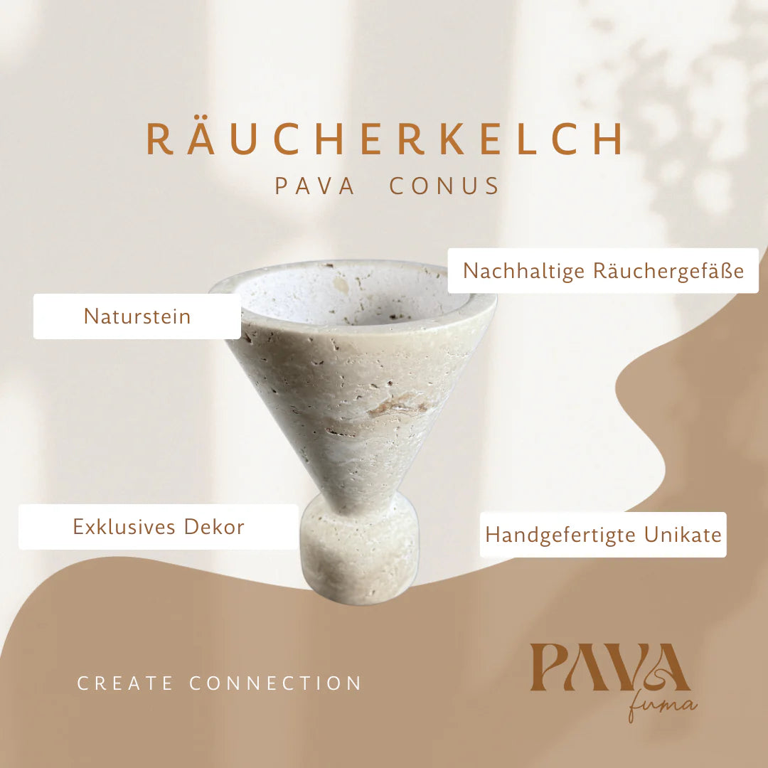 Räucherkelch PAVA CONUS von PAVA FUMA, konisch geformt aus hellem Travertinstein, elegant freigestellt auf ruhigem, warmem Hintergrund. Die Bildkomposition betont die feine Maserung des Natursteins und unterstreicht mit Textlabels wie „Naturstein“, „Nachhaltige Räuchergefäße“, „Handgefertigte Unikate“ und „Exklusives Dekor“ die Wertigkeit des Produkts. Der Claim „Create Connection“ im unteren Bereich verknüpft Design, Ritual und Achtsamkeit – ideal für stilvolle Rauchrituale mit Tiefe und Bedeutung.