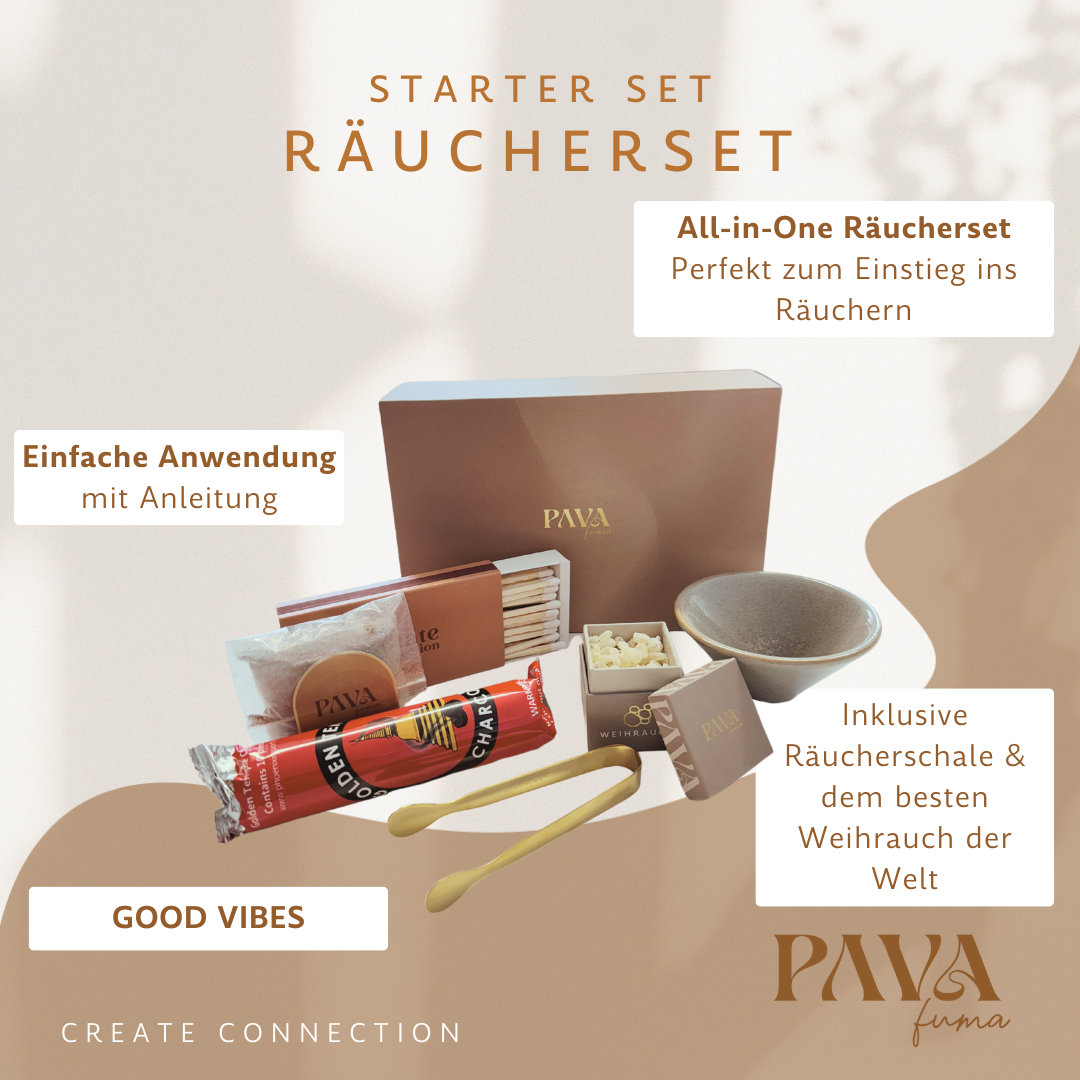 Hochwertiges Räucherstarterset von PAVA – ein edles Räucherset für Einsteiger und Profis. Enthalten sind eine stilvolle Geschenkbox, eine Keramik-Räucherschale, Streichhölzer mit der Aufschrift &