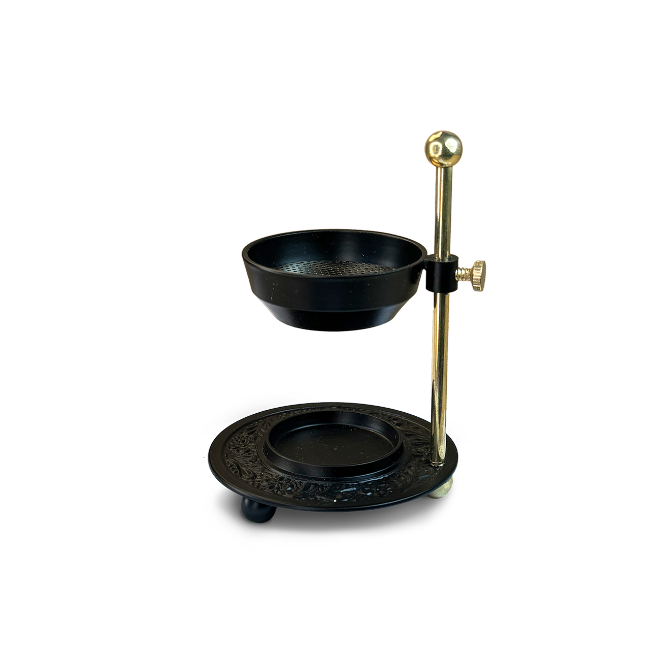 Höhenverstellbares Räucherstövchen mit Sieb aus schwarzem Metall und Messing von PAVA FUMA – ideal zum sanften Räuchern von Harzen und Kräutern über Teelicht. Elegant, funktional und stilvoll für moderne Rituale und achtsame Momente.