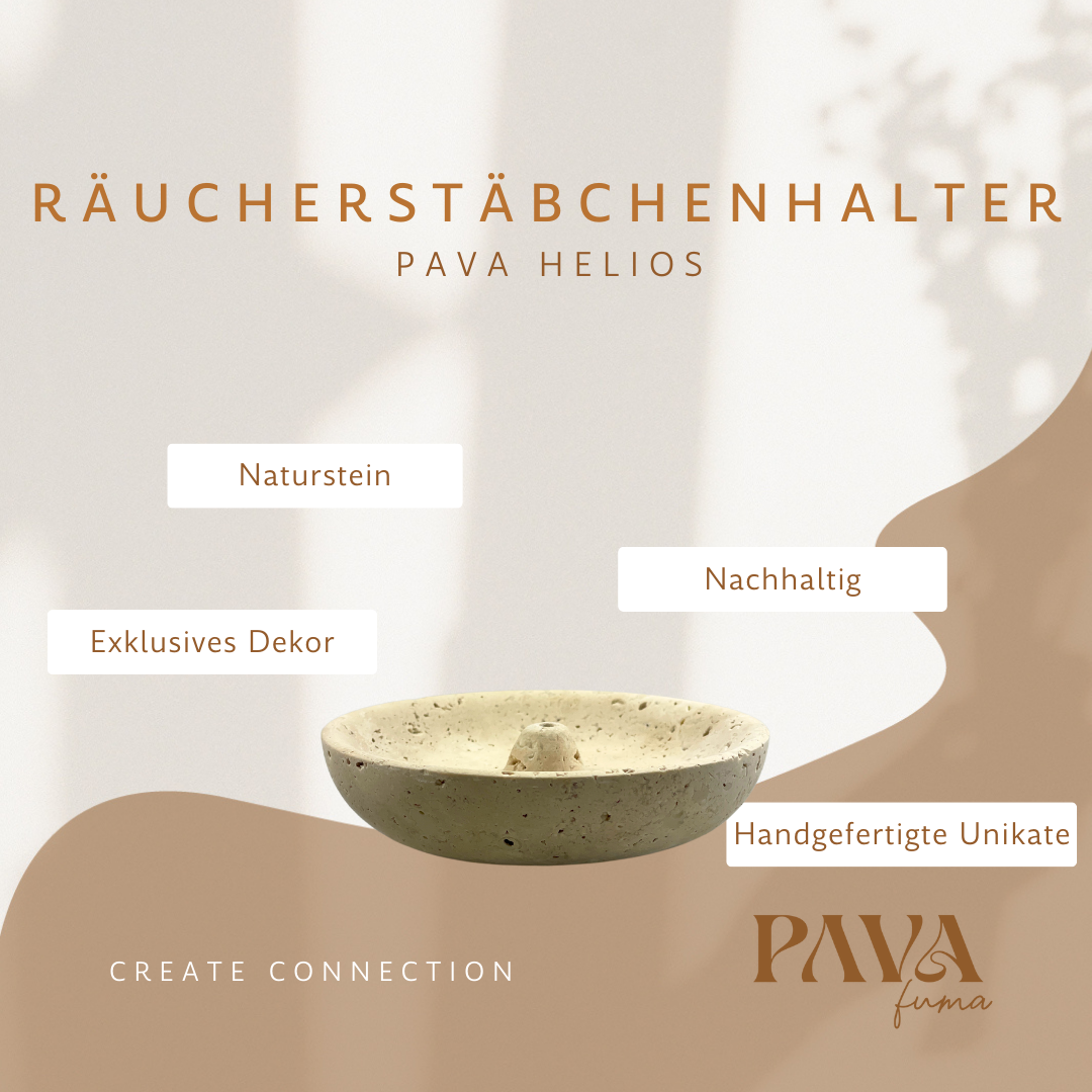 PAVA HELIOS – runder Räucherstäbchenhalter aus hellem Naturstein mit zentrierter Bohrung. Handgefertigtes Unikat mit minimalistischer Formgebung, ideal für dein tägliches Räucherritual. Nachhaltig, ästhetisch, exklusiv.