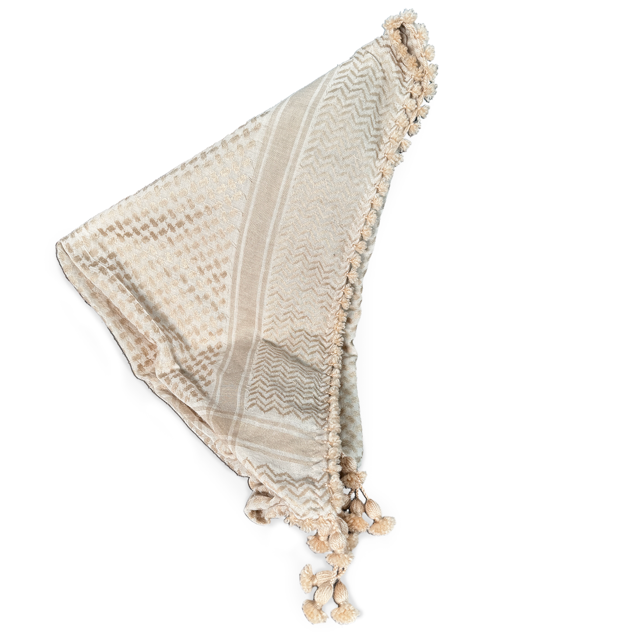 Beiges Dreieckstuch mit zartem Webmuster und geknoteten Quasten – aus weichem, fließendem Stoff. Ideal für Rituale, Zeremonien oder als stilvolles Accessoire mit naturverbundener Ausstrahlung.