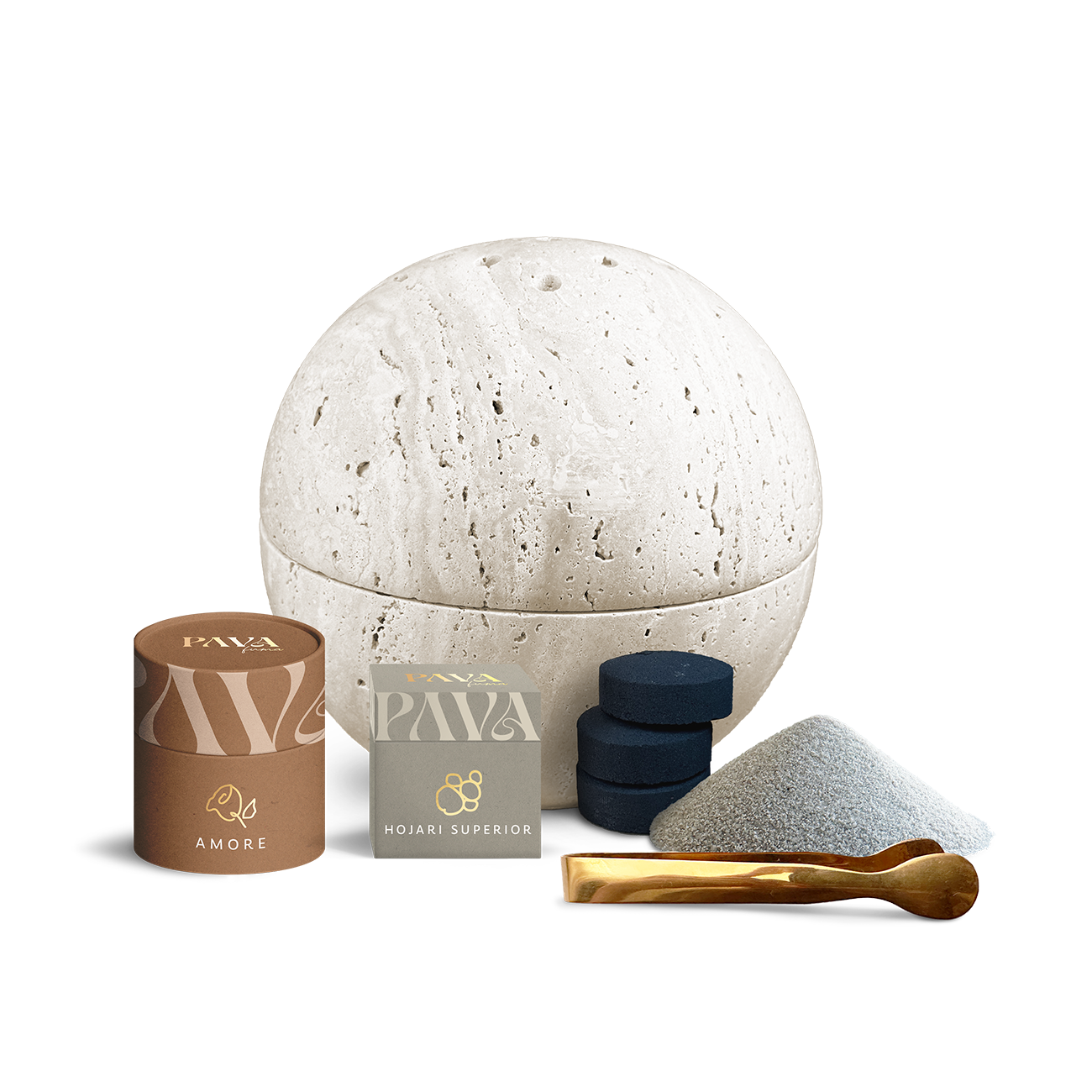 Räucherset Sphera Maxi Beige von PAVA FUMA – edles, rundes Räuchergefäß aus hellem Travertinstein, kombiniert mit der AMORE Räuchermischung, hochwertigem Hojari Superior Weihrauch, schwarzer Räucherkohle, feinem Räuchersand und einer stilvollen goldfarbenen Räucherzange. Ein ästhetisches Komplettset für dein persönliches Räucherritual.