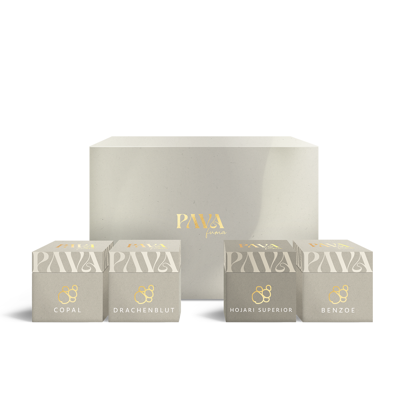 Räucherharz Set mit vier Harzschachteln: Copal, rachenblut, Hojari Superior und Benzoe.