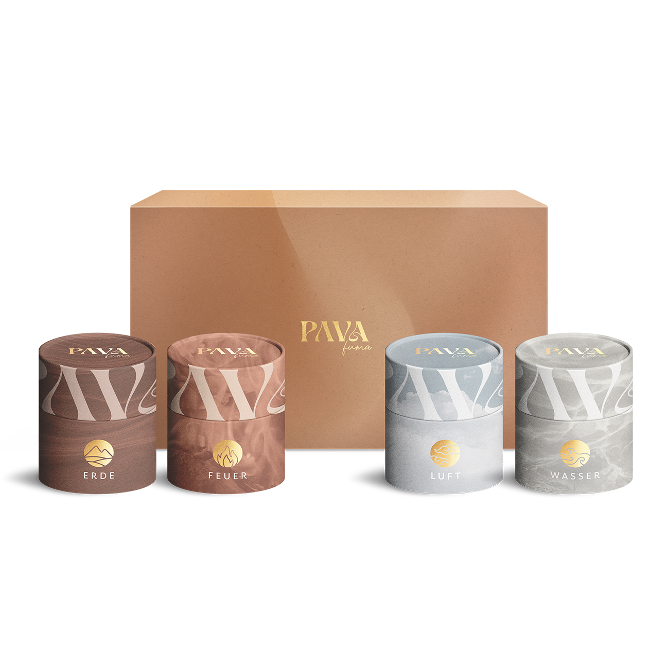 Set aus vier edlen Räuchermischungen in farblich abgestimmten Design-Tubes mit den Elementen Erde, Feuer, Luft und Wasser von PAVAFUMA. Die geöffnete Geschenkbox im Hintergrund präsentiert das stilvolle Branding. Ideal für Rituale, Meditation und achtsame Momente. Enthält natürliche Harze, Kräuter und Hölzer in hochwertiger Verpackung.
