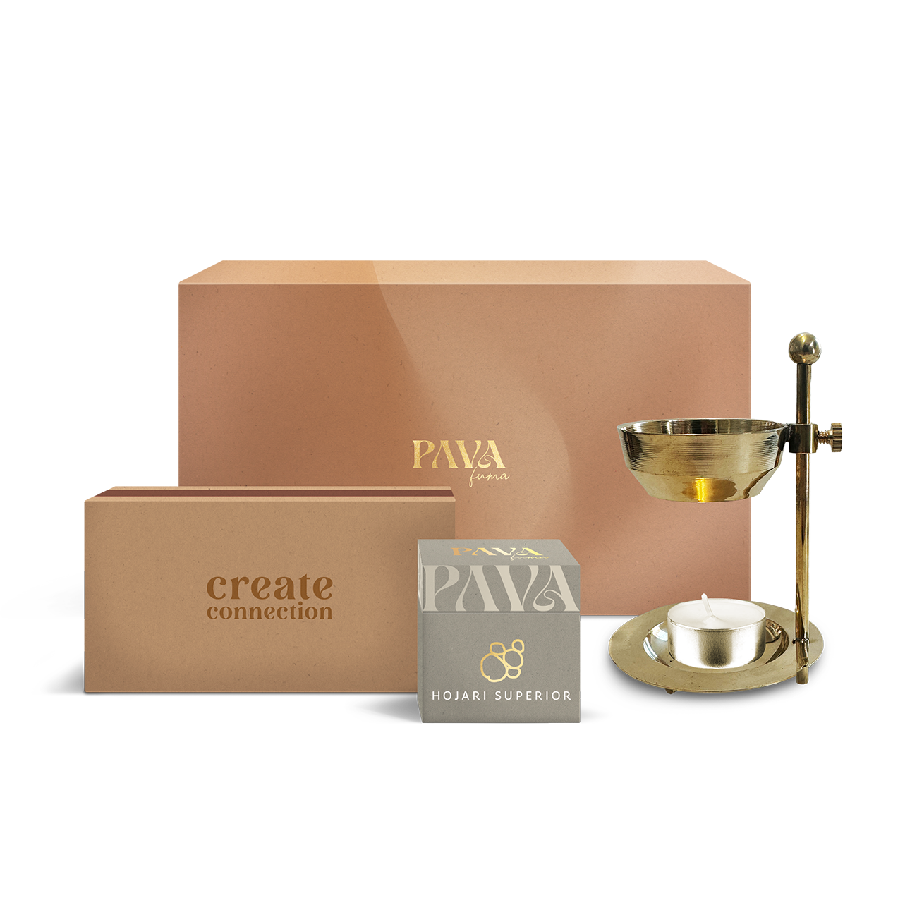Elegantes Räucherset von PAVAFUMA mit Hojari Superior Weihrauch, hochwertigem goldfarbenem Stövchen, Teelicht und stilvoller Geschenkverpackung. Die Boxen tragen die Aufschriften „PAVAFUMA“ und „create connection“. Ideal für stilvolle Räucherrituale, Entspannung und besondere Momente. Hochwertiges Set für Achtsamkeit, Raumreinigung und bewusste Auszeiten.