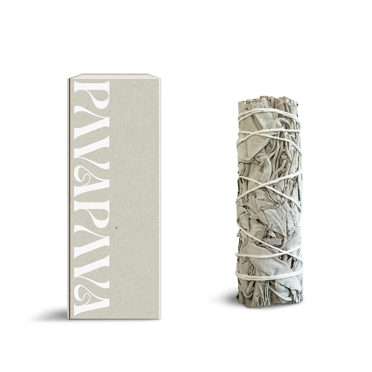 Weißer Salbei Räucherbündel von PAVAFUMA – rechts ein kompakt gebundenes Bündel aus silbrig-weißen Salbeiblättern, traditionell verschnürt für achtsames Räuchern. Links daneben eine minimalistische, hochwertige Verpackung in hellem Naturton mit vertikalem PAVAFUMA-Schriftzug. Ideal für energetische Reinigungsrituale, Hausreinigung und Meditation – der intensive, krautige Duft klärt die Atmosphäre und unterstützt bewusste Übergänge.