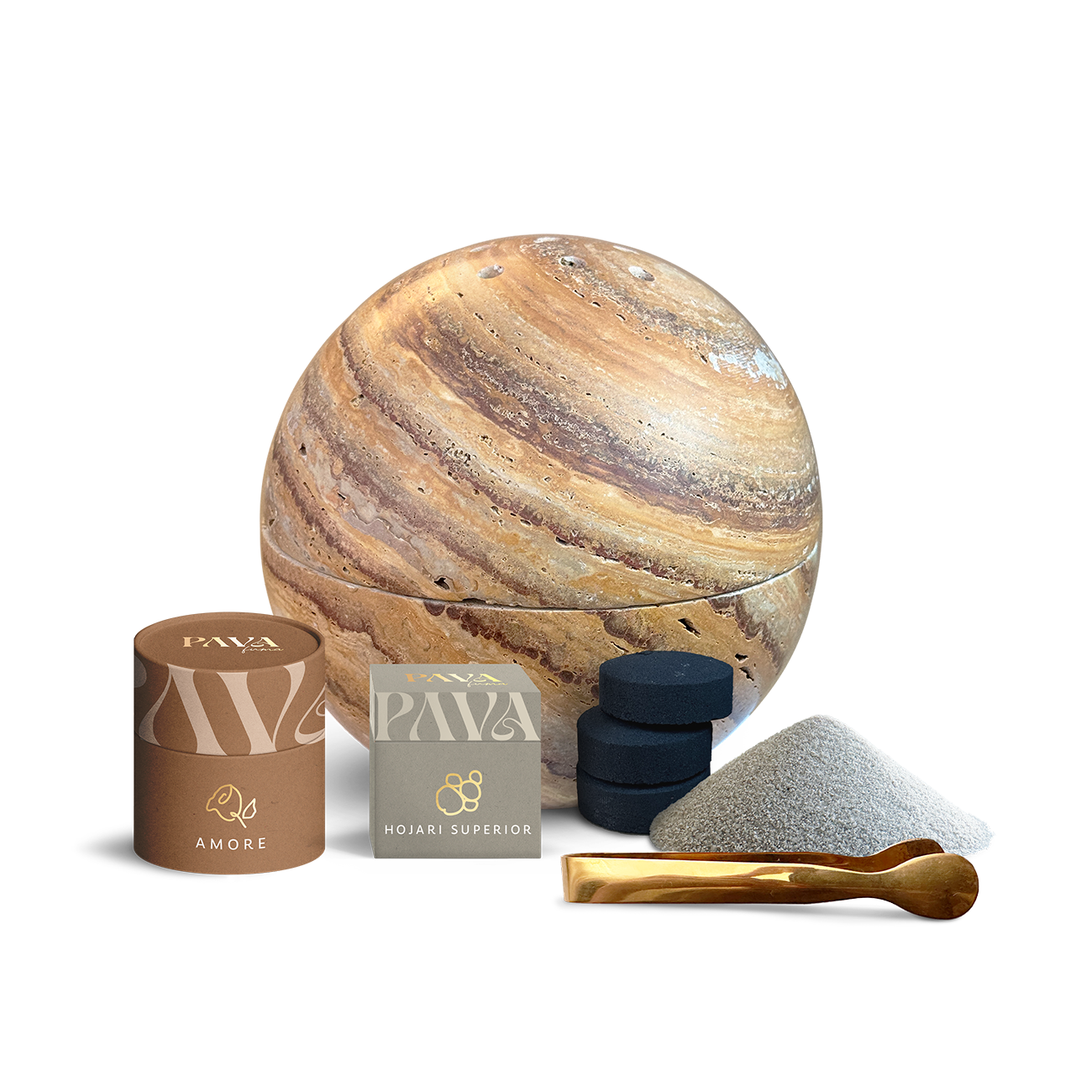 Räucherset mit großer Kugel-Räucherschale aus braunem Travertin von PAVA FUMA – inklusive Amore Räuchermischung, Hojari Superior Weihrauch, Räucherkohle, Sand und goldener Räucherzange. Ideal für stilvolles, kraftvolles Räuchern mit hochwertigen Naturmaterialien.