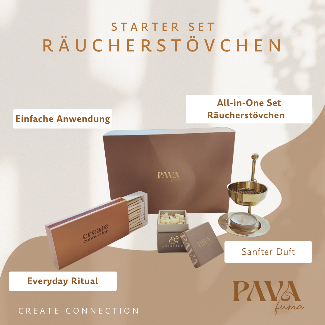 Edles Räucherset von PAVA, ideal zum Räuchern, bestehend aus einer stilvollen Geschenkbox, einem goldfarbenen Räuchergefäß (Stövchen) mit Sieb und Ständer, einer Schachtel mit hochwertigem Weihrauchharz, langen Streichhölzern mit der Aufschrift &