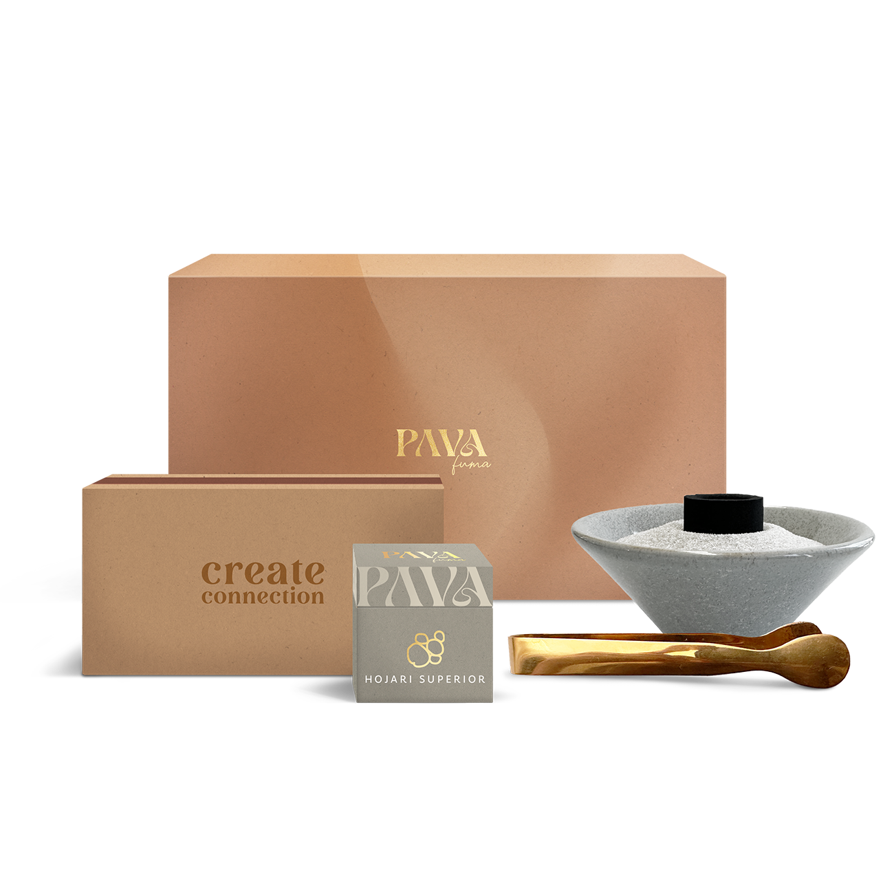 Räucherstarter-Set von PAVA FUMA mit großer Geschenkbox, einer „Create Connection“-Zündholzschachtel, Hojari Superior Weihrauch, Räuchersand, Kohletabletten, grauer Räucherschale aus Stein und eleganter goldfarbener Räucherzange – alles, was du für den Einstieg ins Räucherritual brauchst.
