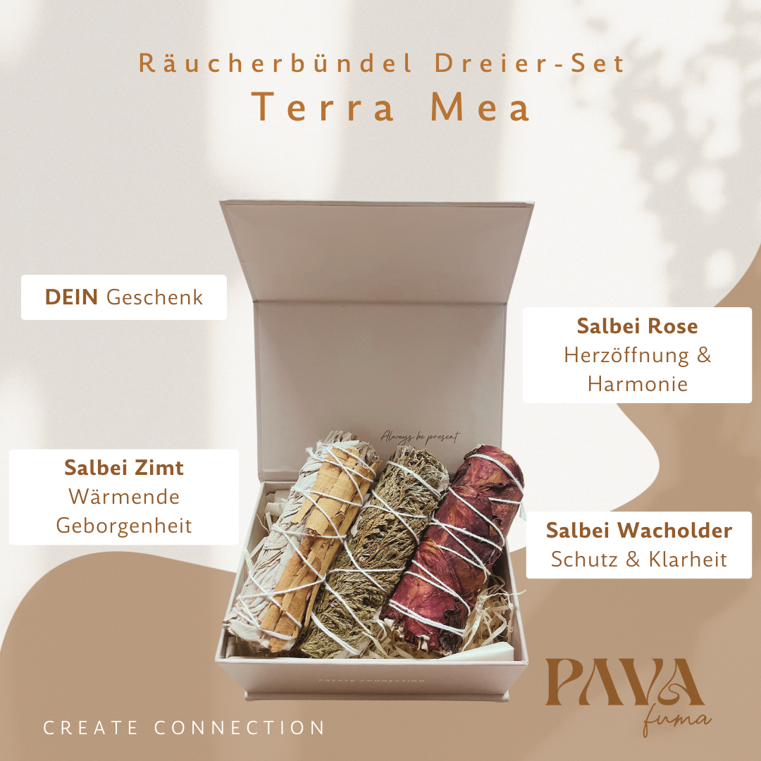 Räucherbündel im Geschenkset mit Salbei & Rose, Salbei & Zimt und Salbei & Wacholder, ideal für Reinigung und Harmonie.