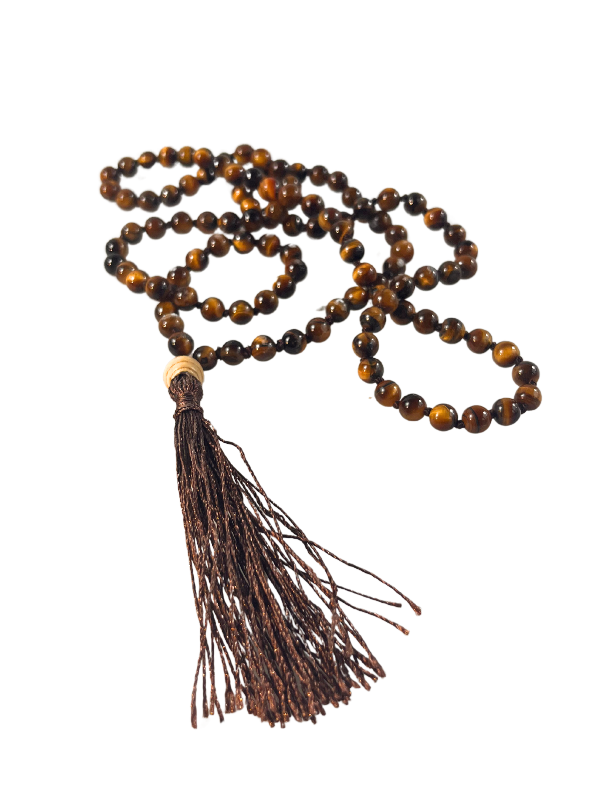 Mala Kette Tigerauge mit 108 handgeknüpften Perlen und Holzperle vor der Quaste