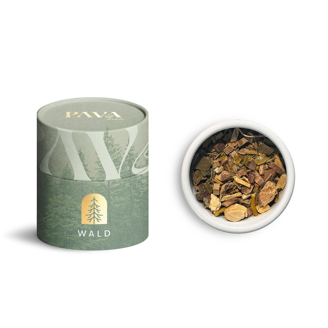 Wald Räuchermischung von PAVAFUMA – eine naturverbundene Duftkomposition aus Hölzern, Harzen und Waldkräutern für Erdung und Klarheit. Links im Bild die stilvolle, grün gestaltete Tube mit goldgeprägtem Tannen-Symbol, rechts die geöffnete Tube von oben mit sichtbar natürlicher Mischung aus fein gehackter Rinde, Nadeln und Harzen.