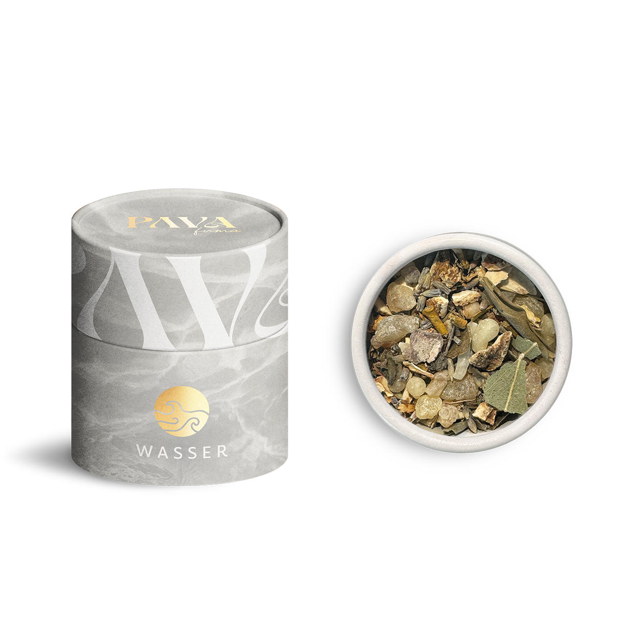 Wasser Räuchermischung von PAVAFUMA: erfrischende Mischung mit klärender Wirkung, inspiriert vom Element Wasser. Links im Bild die edle, zylindrische Tube mit Wellenmotiv und goldener Prägung, rechts die geöffnete Tube von oben – sichtbar die Mischung aus Harzen, Blättern und Kräutern für Reinigung, Klarheit und emotionale Balance.
