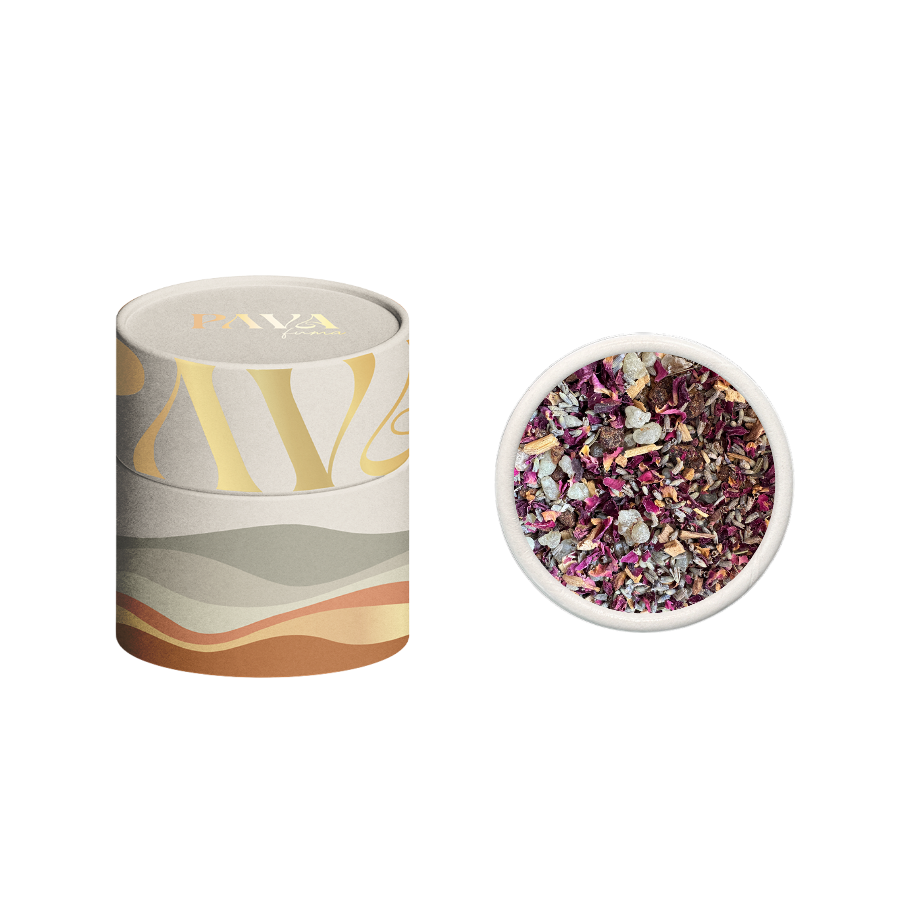 Links im Bild ist die geschlossene Papptube der Yoga Räuchermischung von PAVAFUMA zu sehen – in sanften Naturtönen mit goldenen Elementen. Rechts daneben ein Blick von oben in die geöffnete Tube: Die Mischung zeigt sich farbenfroh und fein komponiert mit Blüten, Kräutern und Harzen. Ideal für Yoga, Meditation und achtsame Momente.