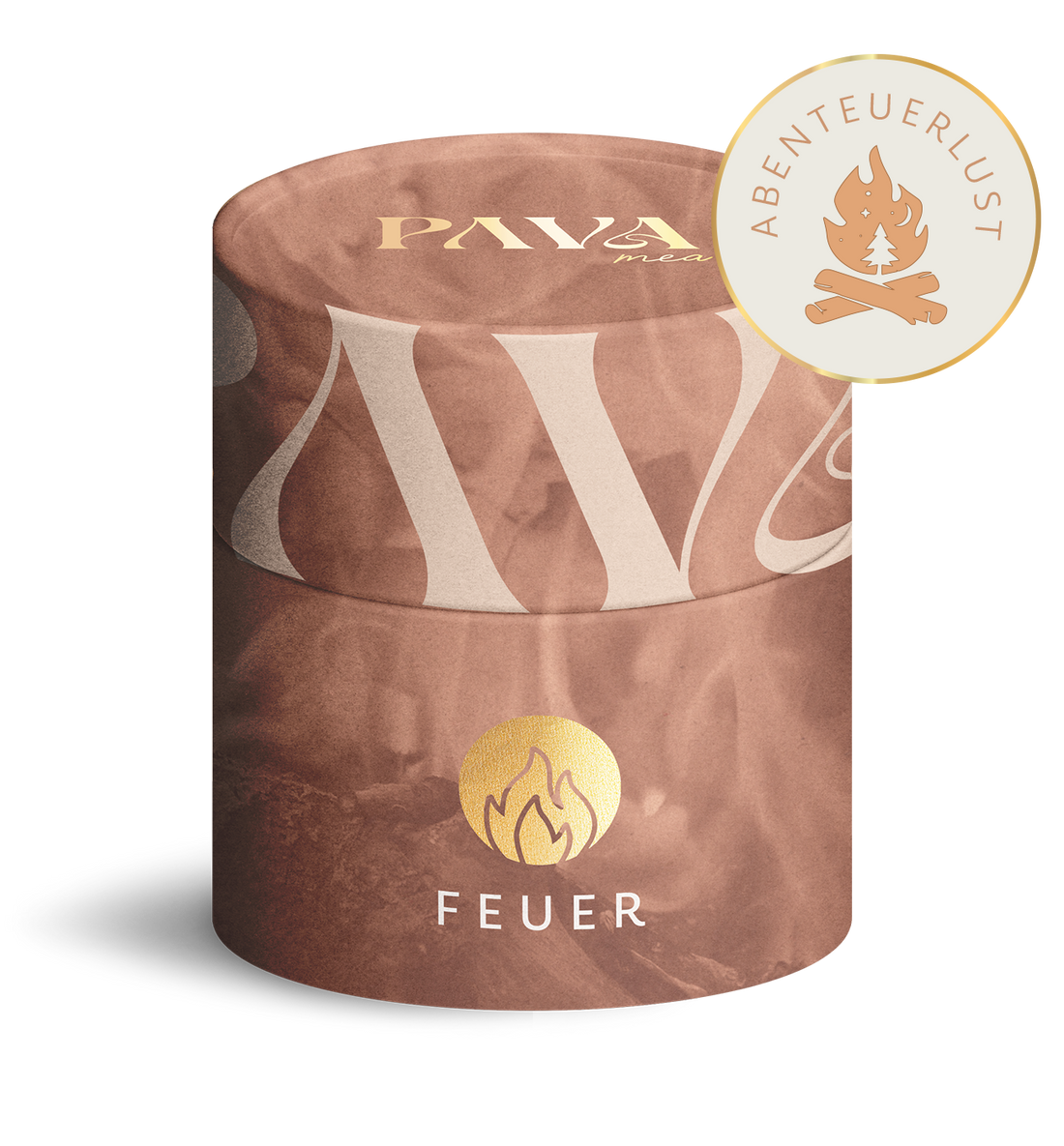 ABENTEURLUST Räuchermischung in einem braunen Papertube, einem dekorativen Pappzylinder. Enthält eine Mischung aus Minze, Tulsi, Rosmarin und weiteren Zutaten. Die Räuchermischung wirkt erfrischend und anregend. Die Verpackung zeigt das Logo von PAVA und ein stilisiertes Muster . Auf dem Deckel ist das Logo ebenfalls in Gold geschrieben.