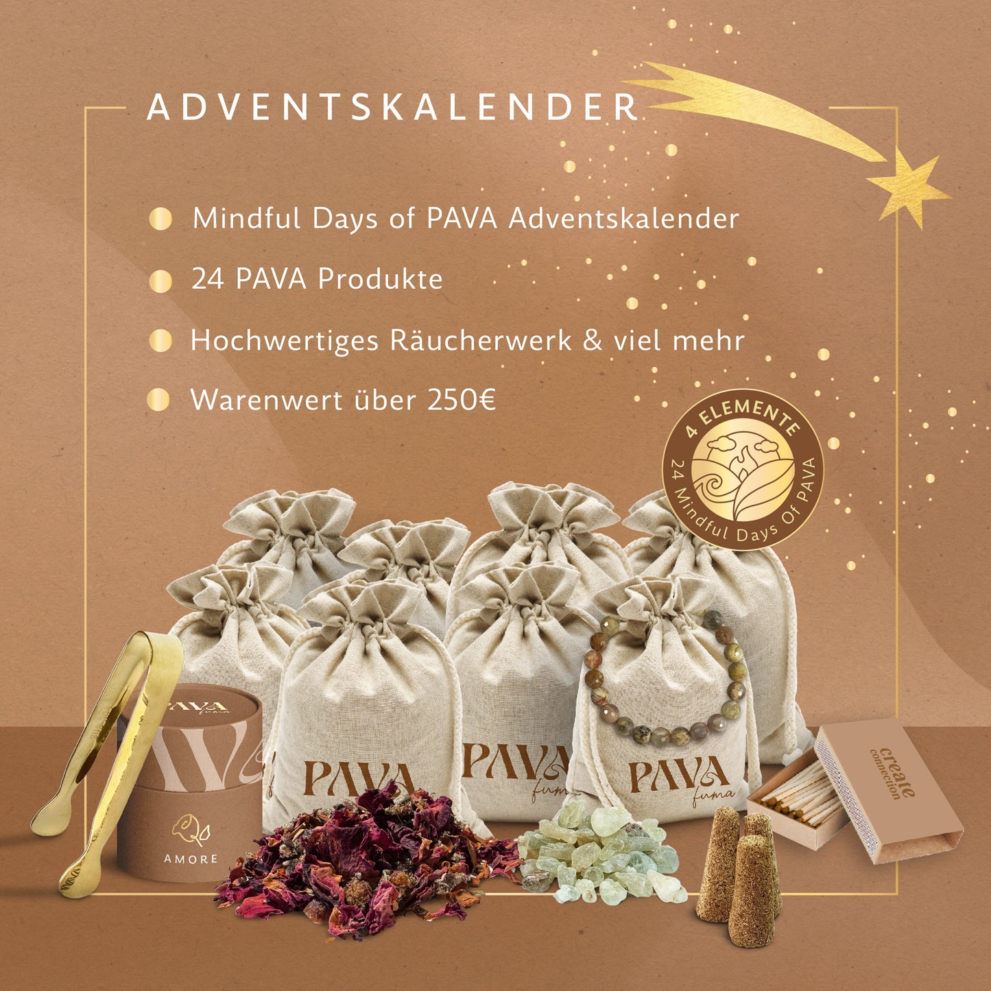 Adventkalender 2024 - Mindful Day of Pava, 24 Säckchen mit Produkten aus dem Sortiment mit einem Warenwert von über 250€.