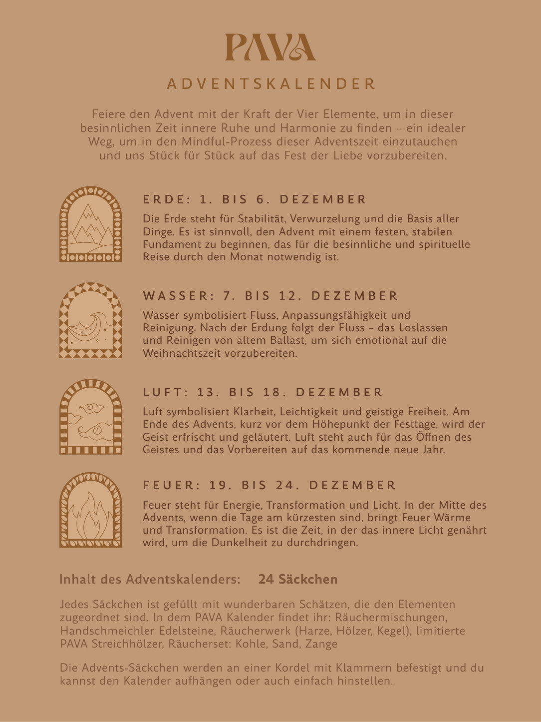 Adventskalender 2024 - Mindful Day of Pava, nutze die Kraft der 4 Elemente Erde, Wasser, Luft und Feuer.