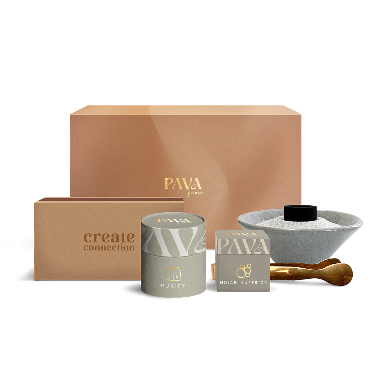 Räucherset zur energetischen Hausreinigung von PAVA FUMA – mit großer Geschenkbox, „Create Connection“-Zündholzschachtel, Räuchermischung „Purify“, Hojari Superior Weihrauch, Räuchersand, Kohletabletten, grauer Räucherschale aus Stein und goldfarbener Räucherzange – ideal für dein Reinigungsritual zu Hause.
