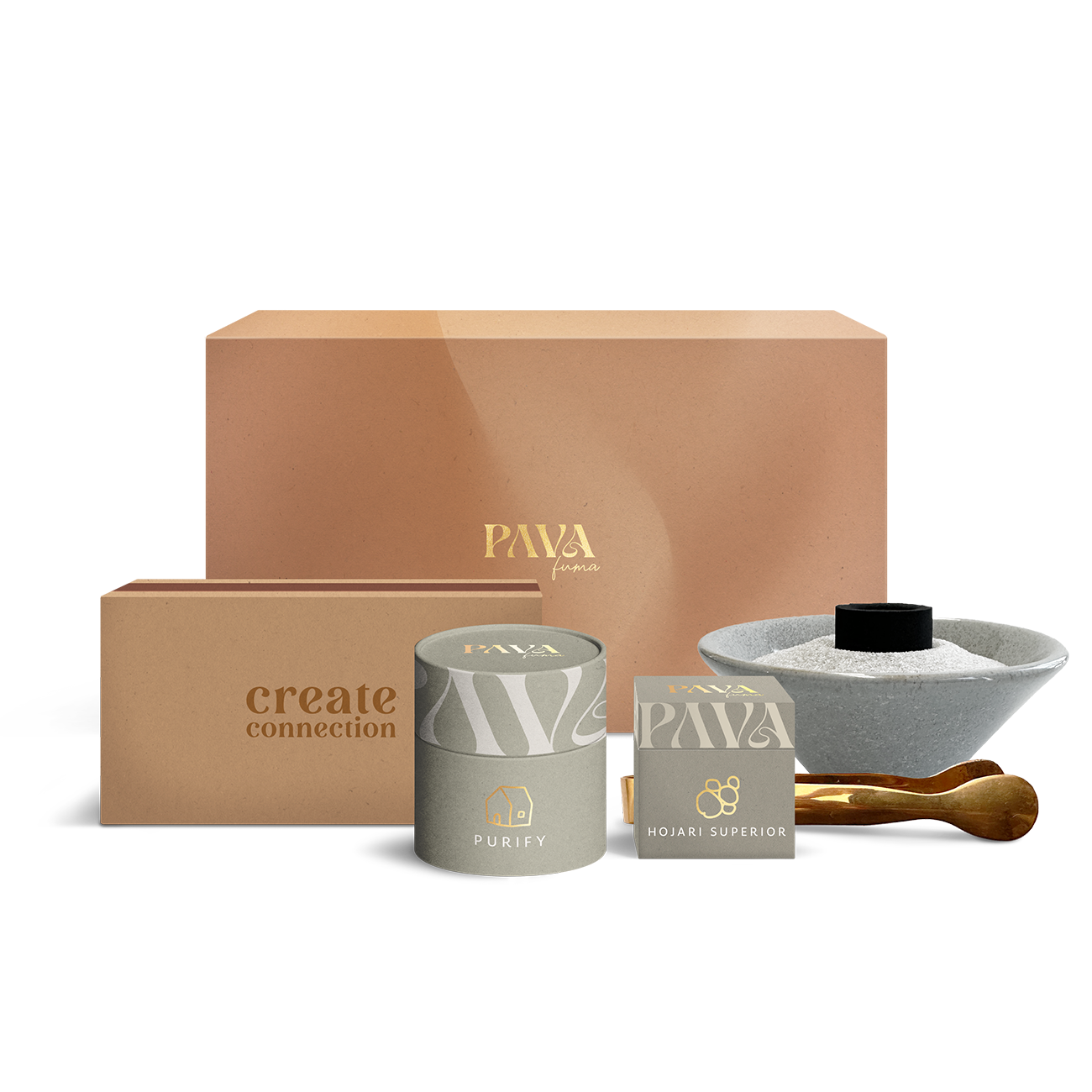 Räucherset zur energetischen Hausreinigung von PAVA FUMA – mit großer Geschenkbox, „Create Connection“-Zündholzschachtel, Räuchermischung „Purify“, Hojari Superior Weihrauch, Räuchersand, Kohletabletten, grauer Räucherschale aus Stein und goldfarbener Räucherzange – ideal für dein Reinigungsritual zu Hause.