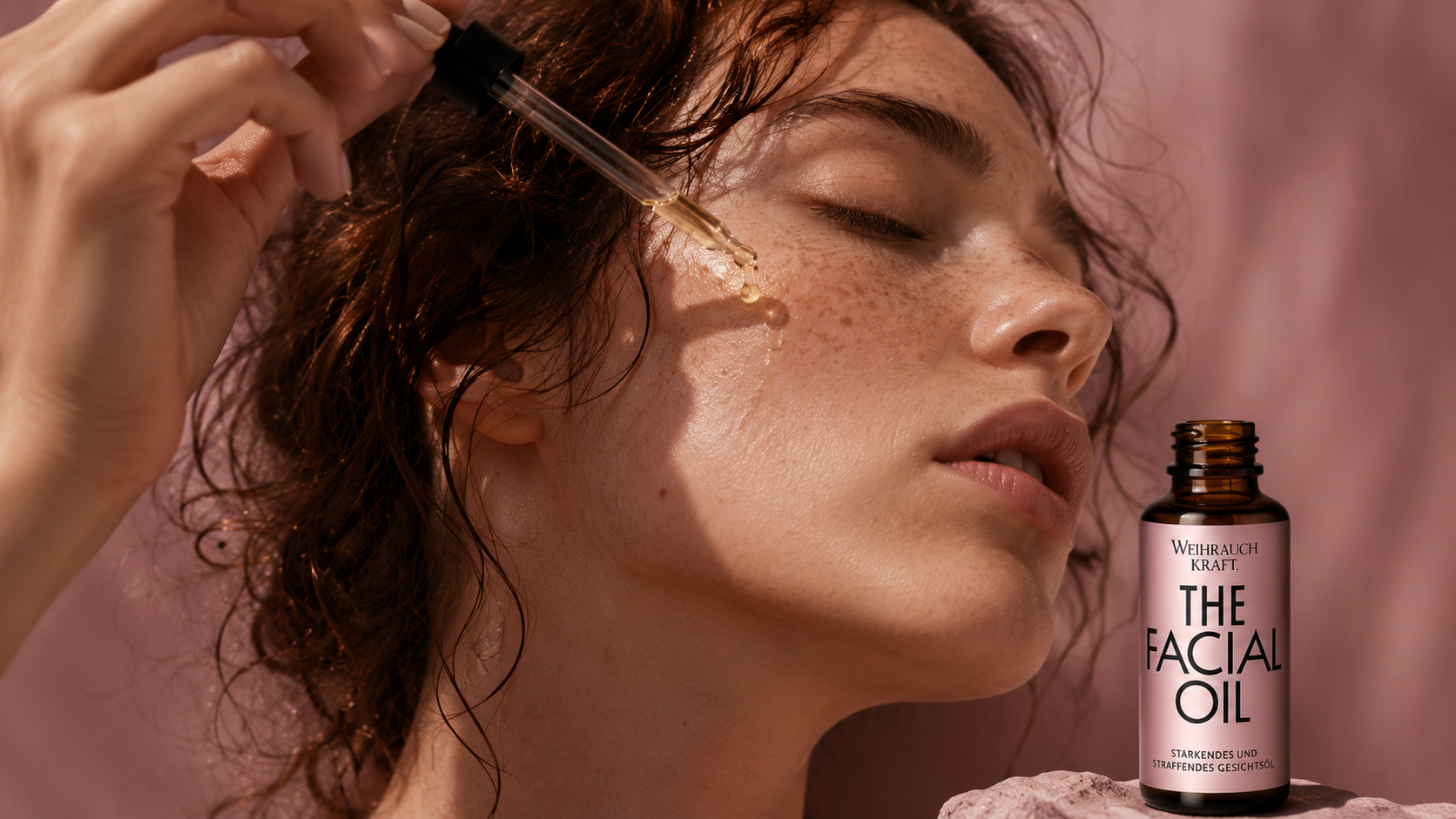 Rothaarige Frau mit empfindlicher Gesichtshaut nutzt THE FACIAL OIL mit Pipette