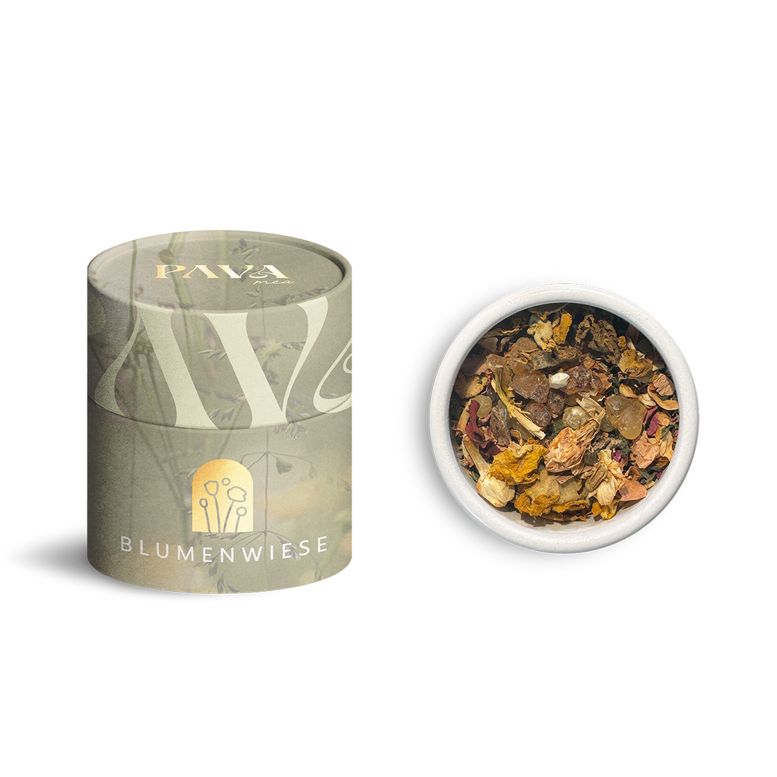 Blumenwiese“ von PAVAFUMA – links ist die stilvolle Duft-Tube zu sehen, rechts daneben der Blick von oben in die geöffnete Tube mit der blumigen Mischung aus Ringelblumen, Jasminblüten und feinen Kräutern.