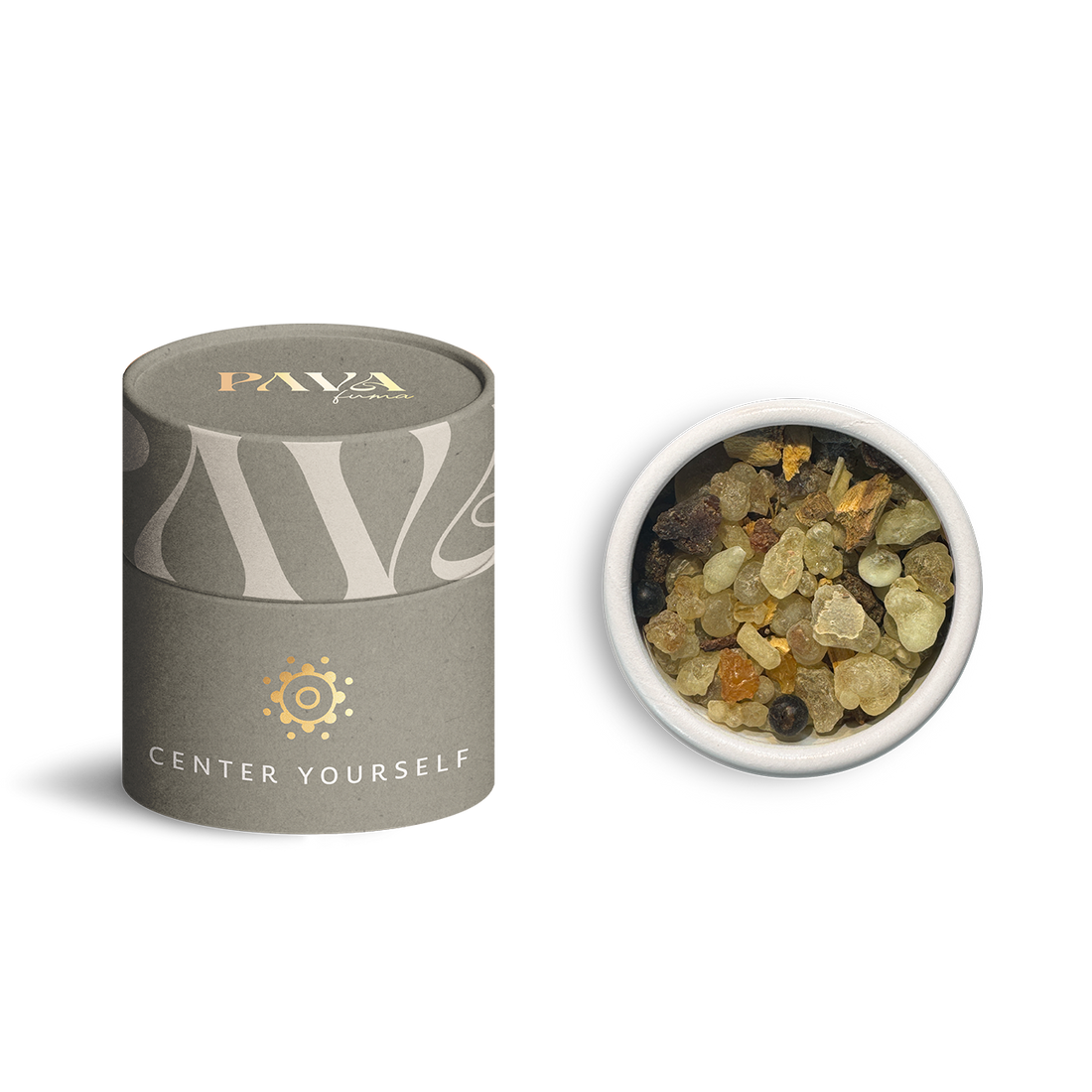 PAVA FUMA Räuchermischung ‚Center Yourself‘ – stilvolle Produktverpackung in Form einer Tube sowie geöffnete Tube mit sichtbarer Mischung aus naturbelassenem Weihrauchharz, Kräutern und Gewürzen – ideal für Meditation, Achtsamkeit und innere Balance.