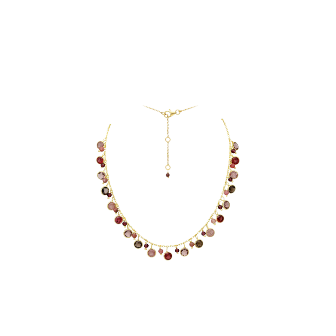 Edelstein-Collier Granat, Rhodonit, Rauchquarz &amp; Erdbeerquarz vergoldet