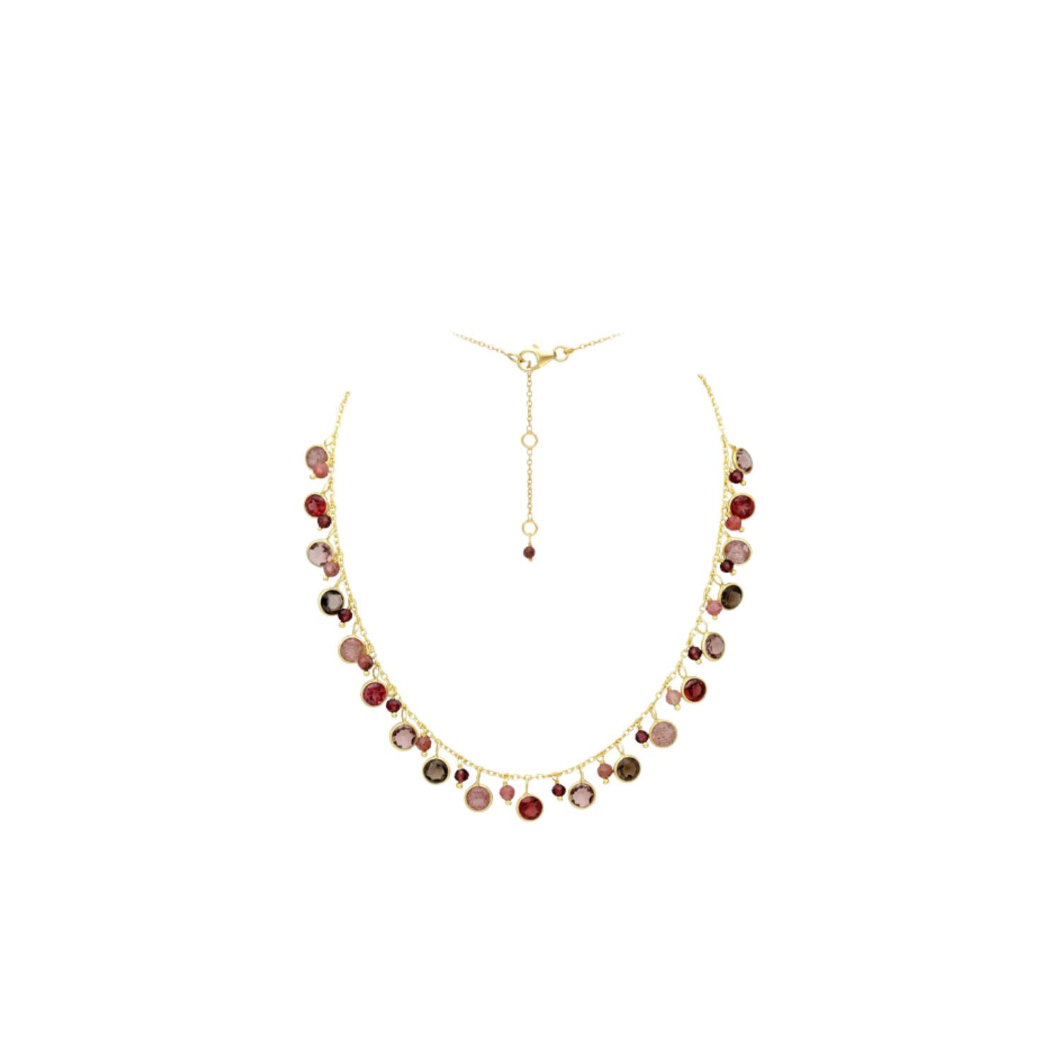 Edelstein-Collier Granat, Rhodonit, Rauchquarz &amp; Erdbeerquarz vergoldet