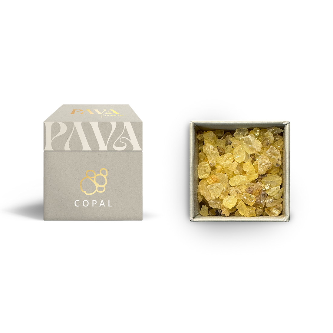 Copal von PAVAFUMA – links die stilvolle, helle Box mit elegantem goldenen Logo und der Aufschrift „COPAL“, rechts daneben die geöffnete Verpackung von oben, die mit goldgelben bis bernsteinfarbenen Copal-Harzstücken gefüllt ist. Der klare, warme Duft dieses Naturharzes stammt aus Mittel- und Südamerika und wird traditionell für energetische Reinigungsrituale verwendet.