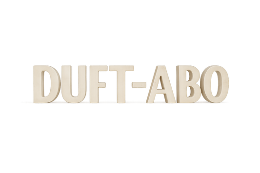 3D-Schriftzug „DUFT-ABO“ aus travertinartigem Material. Die Buchstaben stehen einzeln nebeneinander auf einer glatten Fläche, werfen einen dezenten Schatten nach unten und wirken dadurch plastisch. Der Hintergrund ist neutral grau mit leichter vertikaler Struktur und sanfter Beleuchtung hinter den Buchstaben, was ihnen eine elegante, hochwertige Ausstrahlung verleiht.