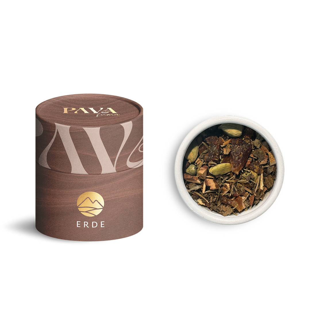 PAVA FUMA Räuchermischung ‚Element Erde‘ – stilvolle braune Tube mit goldfarbenem Erd-Symbol und geöffneter Schale mit kraftvoller Mischung aus Harzen, Hölzern und Gewürzen – ideal für Erdung, Achtsamkeit und entspannende Rituale.