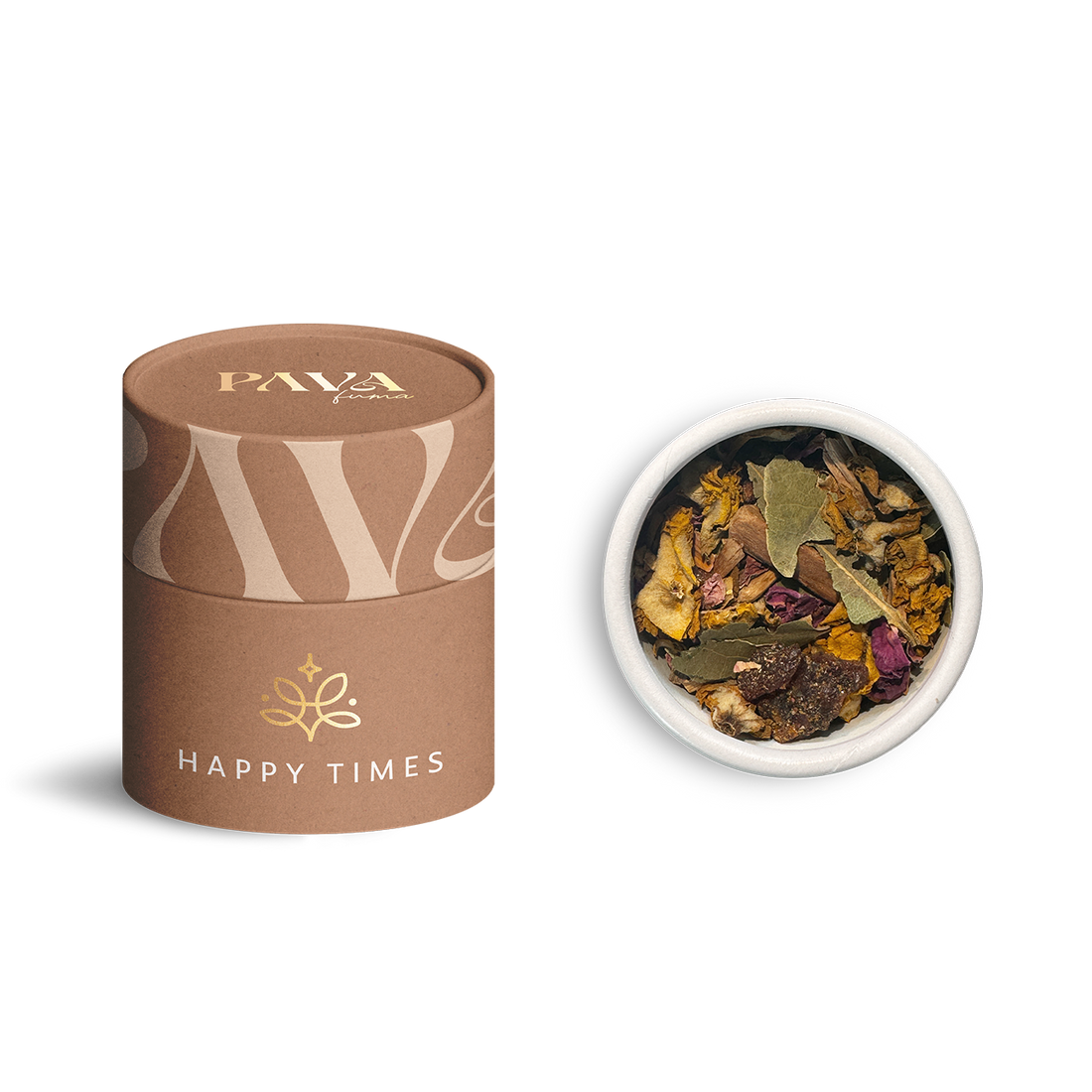 Happy Times Räuchermischung von PAVAFUMA: stimmungsaufhellende Mischung aus Blüten, Kräutern und sonnigen Zitrusnoten – ideal für gute Laune und entspannte Momente. Links im Bild die hochwertige, zylindrische Karton-Tube mit goldener Illustration, rechts die geöffnete Tube von oben mit der farbenfrohen Mischung aus getrockneten Blütenblättern, Blättern und Harzen.