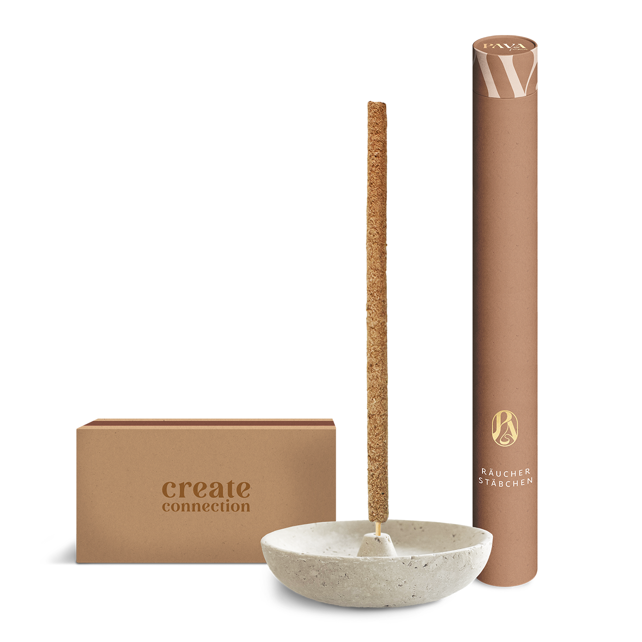 Räucherset Helios von PAVA FUMA – stilvoll arrangiertes Set mit naturfarbener Schale als Halter für ein Räucherstäbchen, minimalistischer Stäbchen-Röhre und einer „create connection“-Streichholzschachtel. Ein ästhetisches Ensemble für dein tägliches Ritual – schlicht, modern und harmonisch inszeniert.